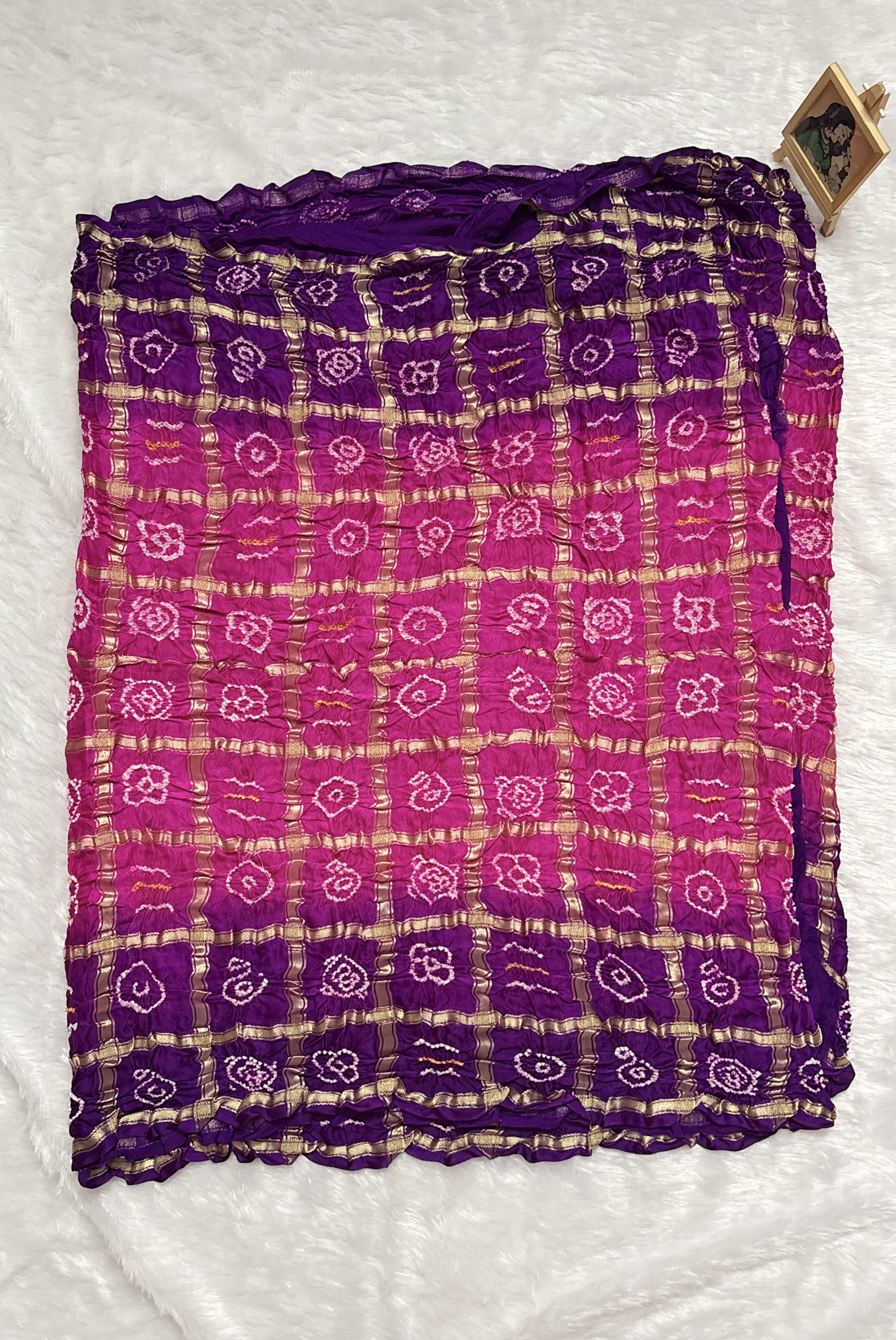 Pure Gajji Silk Saree with Gharchola Bandhani pattern - Pink and purple — Pink/Peach Bandhani Gajji Silk saree