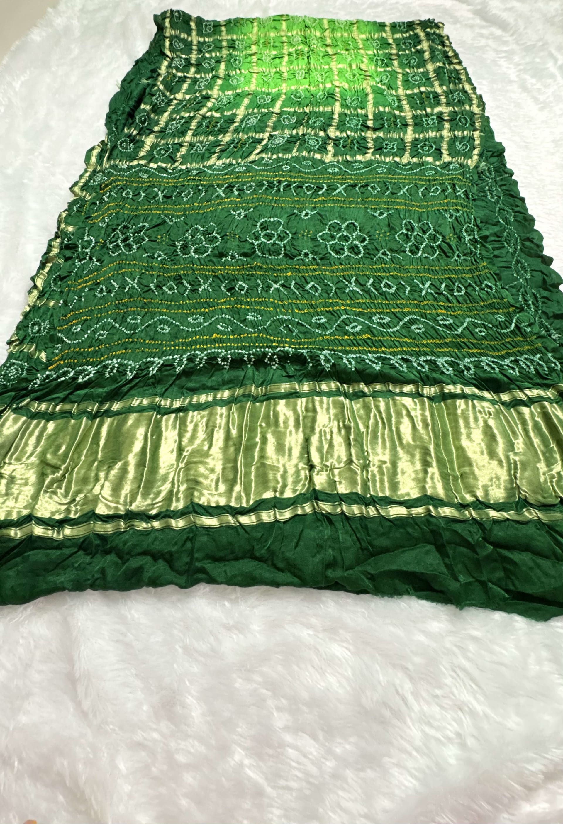 Pure Gajji Silk Saree with Gharchola Bandhani pattern - Green — Green Bandhani Gajji Silk saree