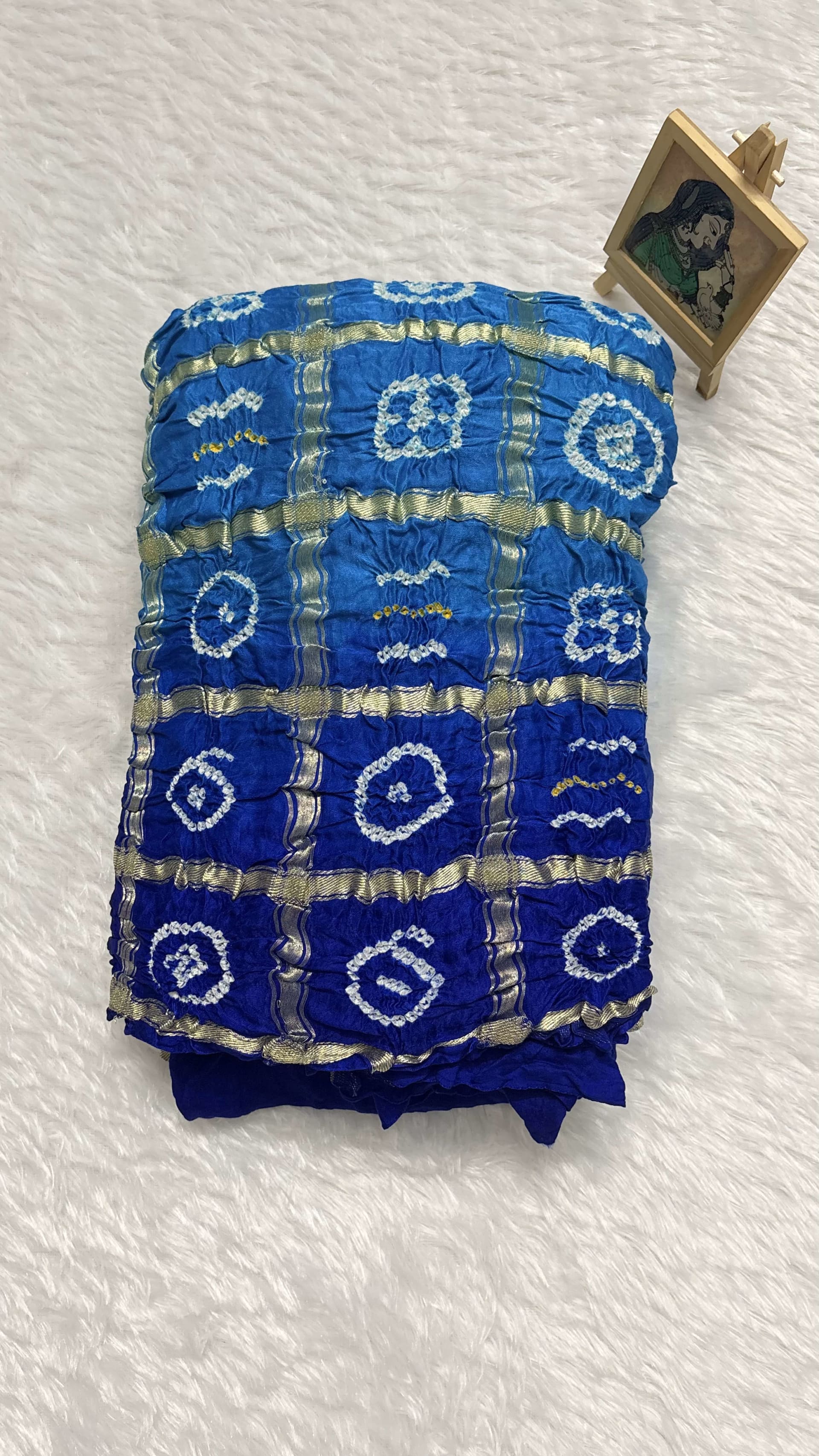 Pure Gajji Silk Saree with Gharchola Bandhani pattern - Blue — Blue Bandhani Gajji Silk saree