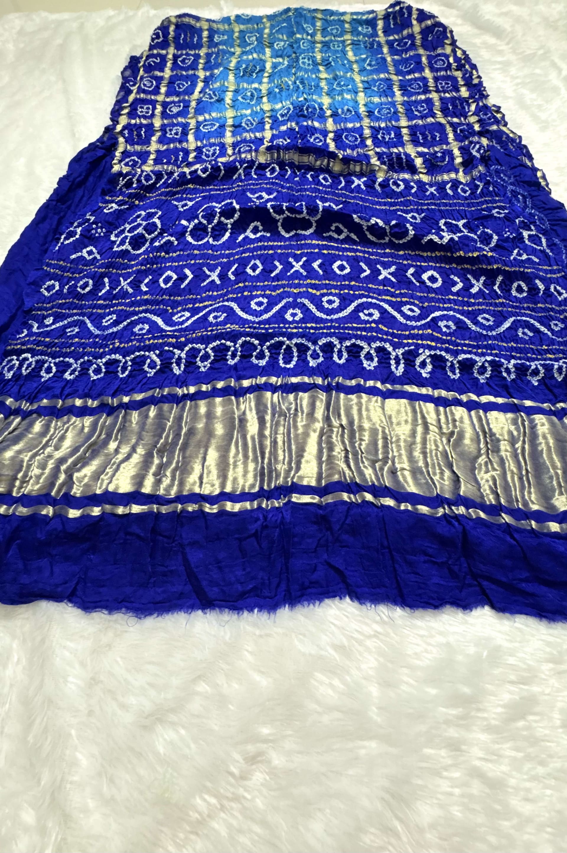 Pure Gajji Silk Saree with Gharchola Bandhani pattern - Blue — Blue Bandhani Gajji Silk saree