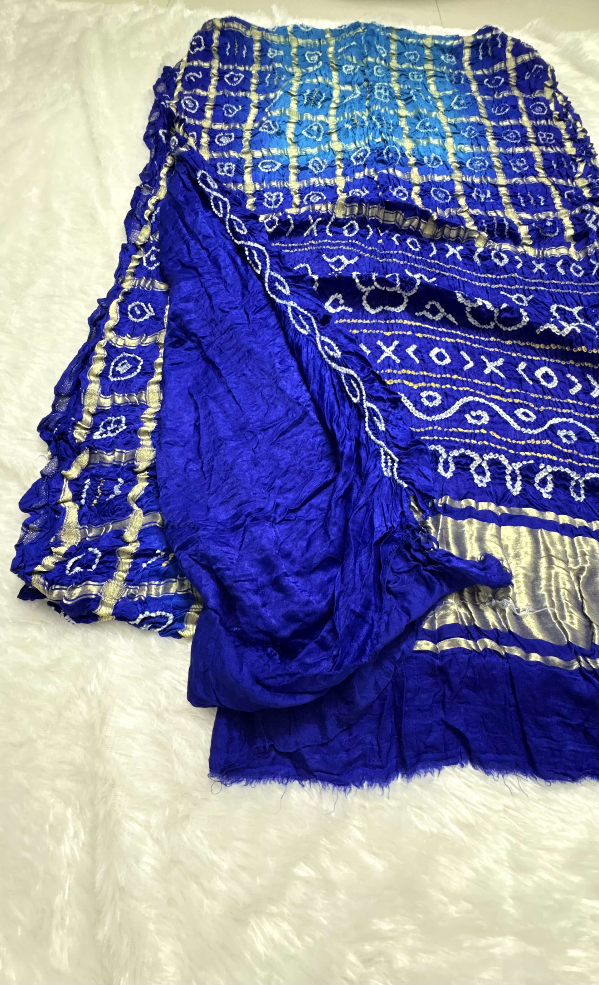 Pure Gajji Silk Saree with Gharchola Bandhani pattern - Blue — Blue Bandhani Gajji Silk saree