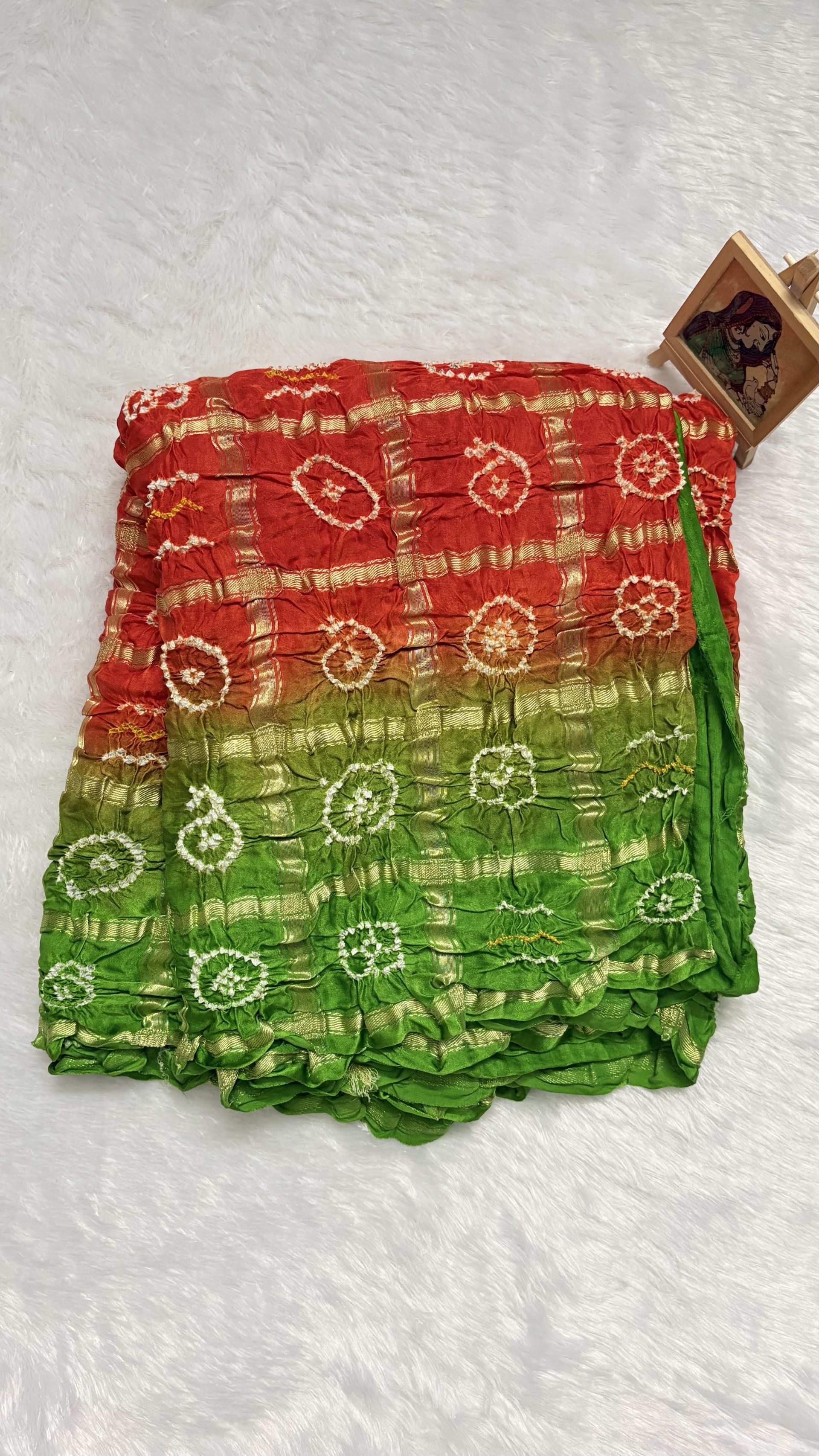 Pure Gajji Silk Saree with Gharchola Bandhani pattern - Orange and green — Orange Bandhani Gajji Silk saree