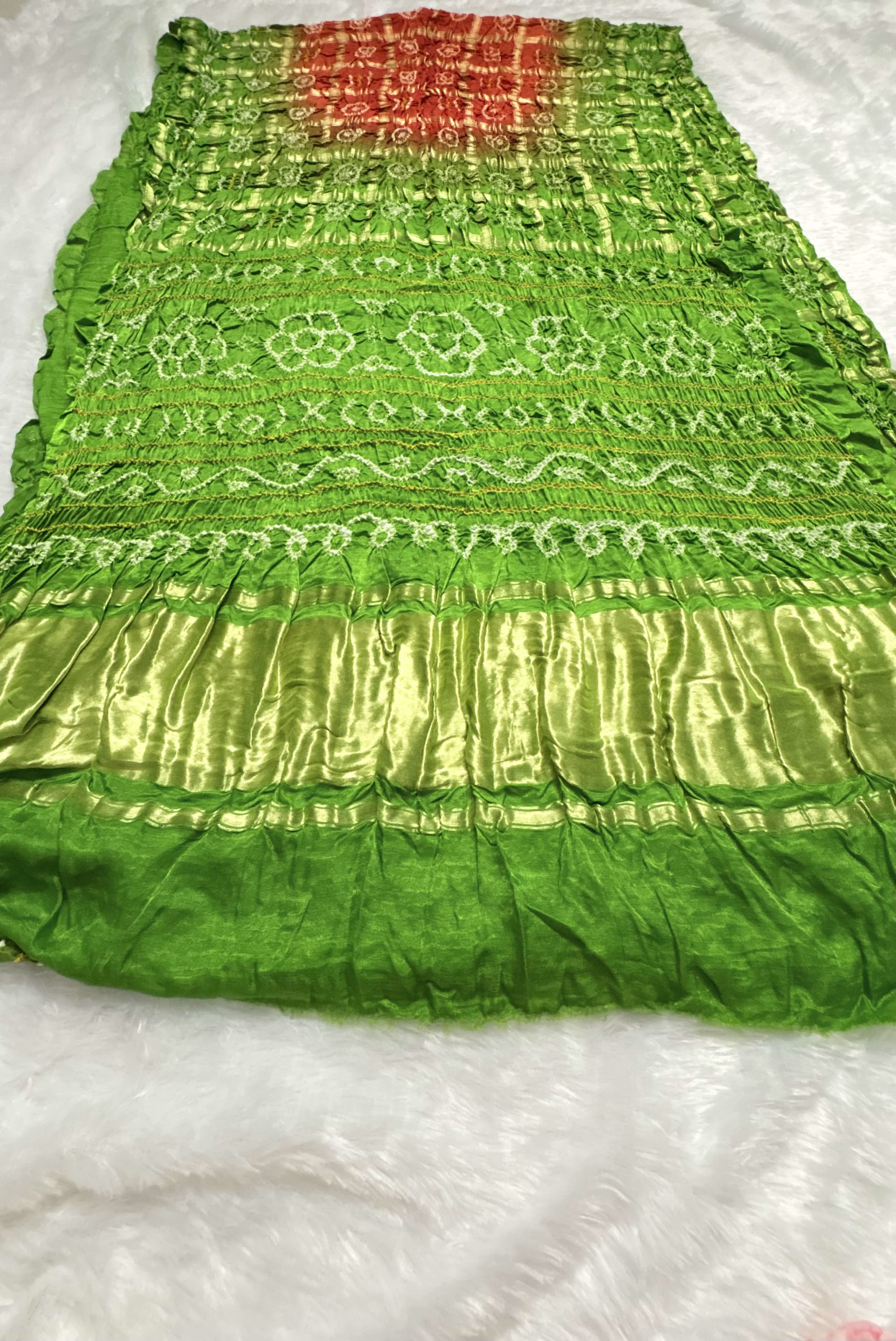 Pure Gajji Silk Saree with Gharchola Bandhani pattern - Orange and green — Orange Bandhani Gajji Silk saree