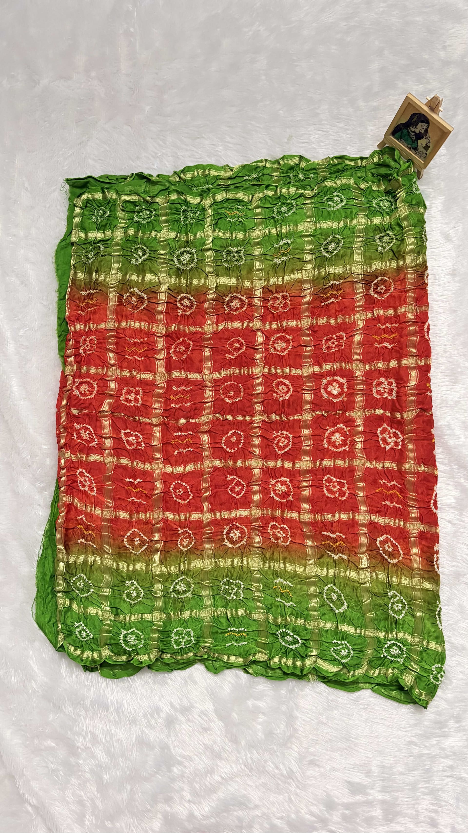 Pure Gajji Silk Saree with Gharchola Bandhani pattern - Orange and green — Orange Bandhani Gajji Silk saree
