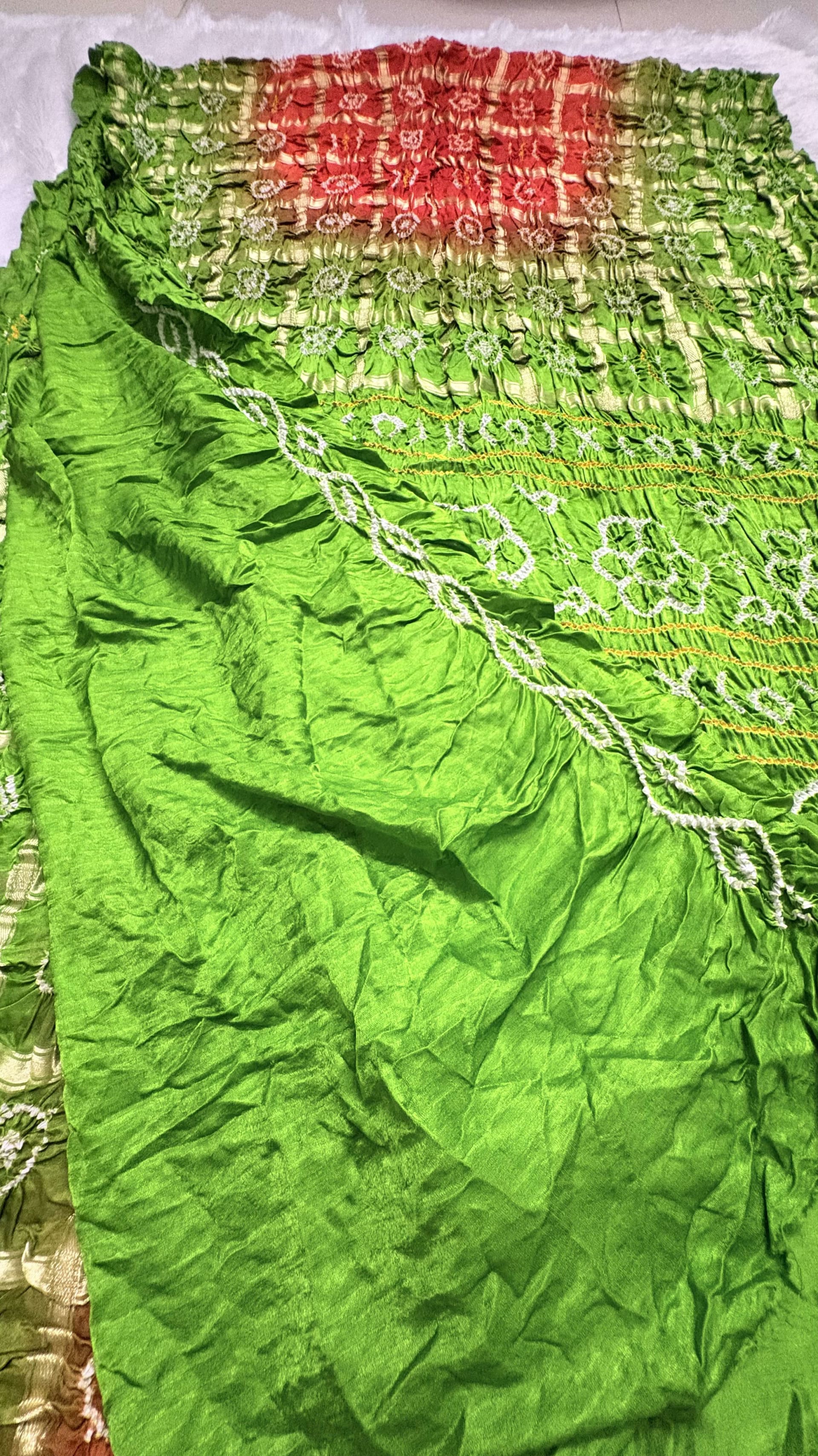Pure Gajji Silk Saree with Gharchola Bandhani pattern - Orange and green — Orange Bandhani Gajji Silk saree