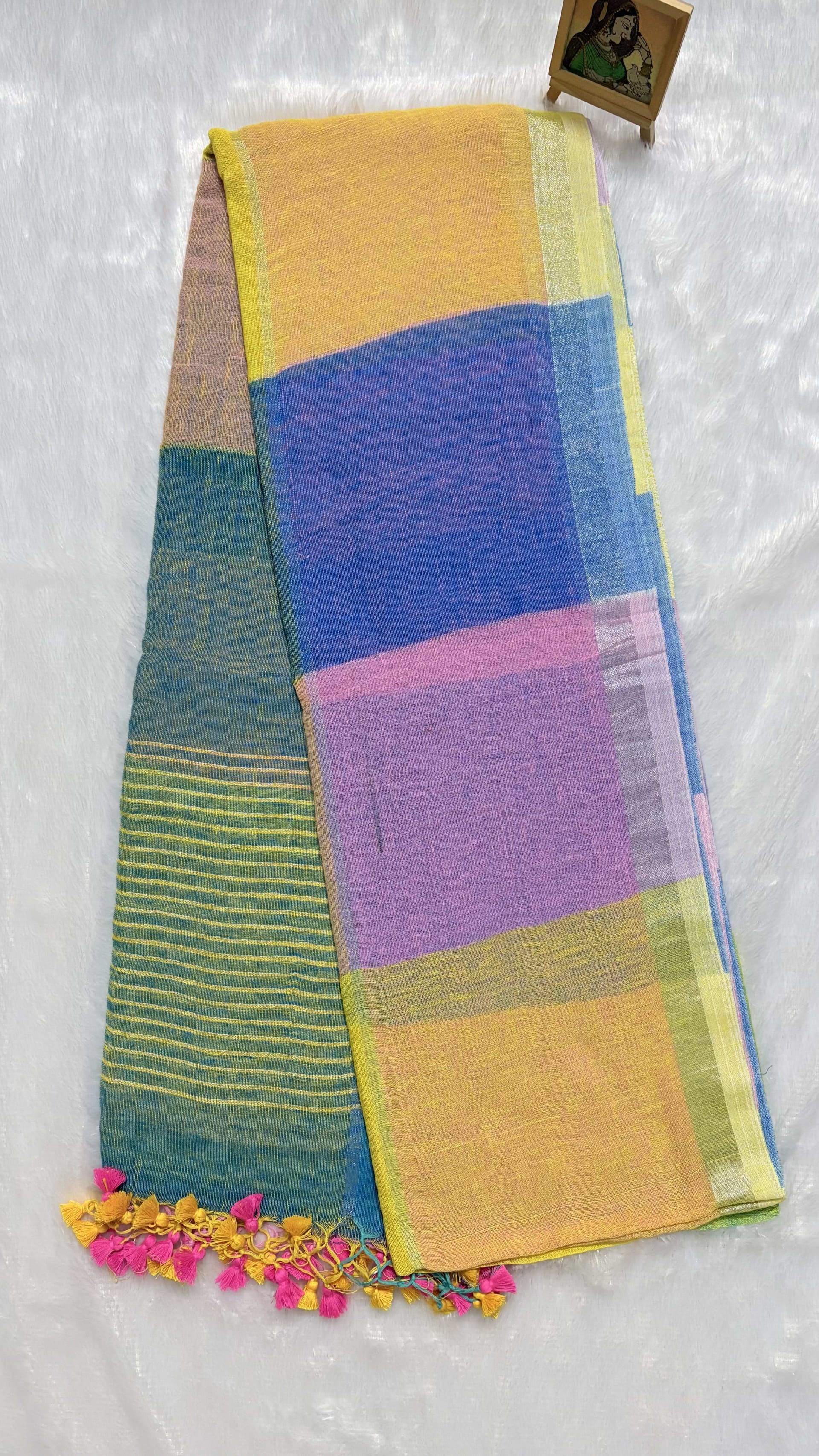 Linen Sarees with Big Checks - Blue — Blue Chanderi Linen saree
