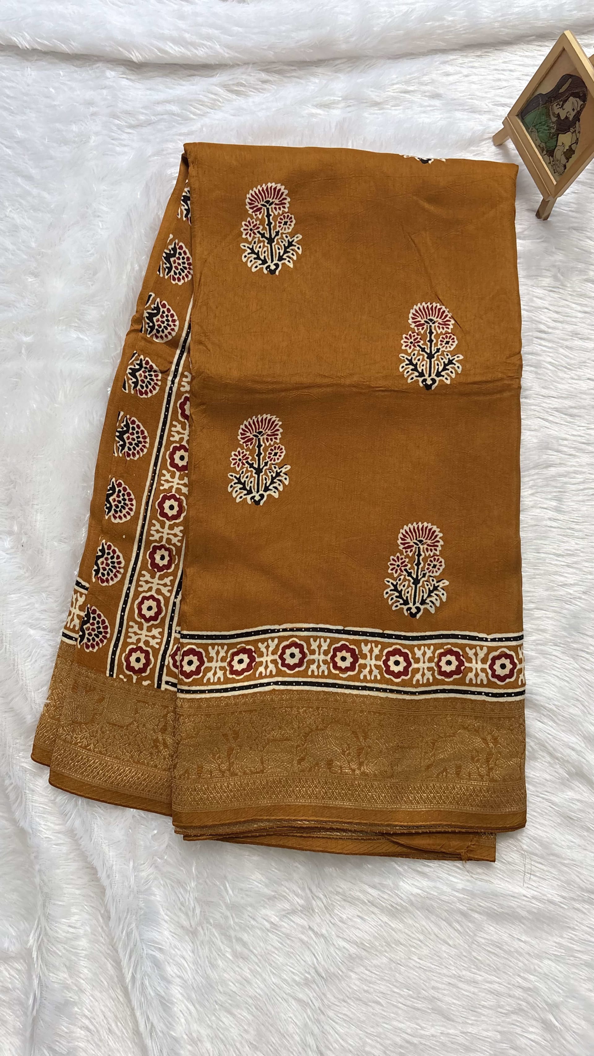 Pure Ajrakh Dola silk saree - Flower motifs Mustard — Yellow Ajrakh Dola saree