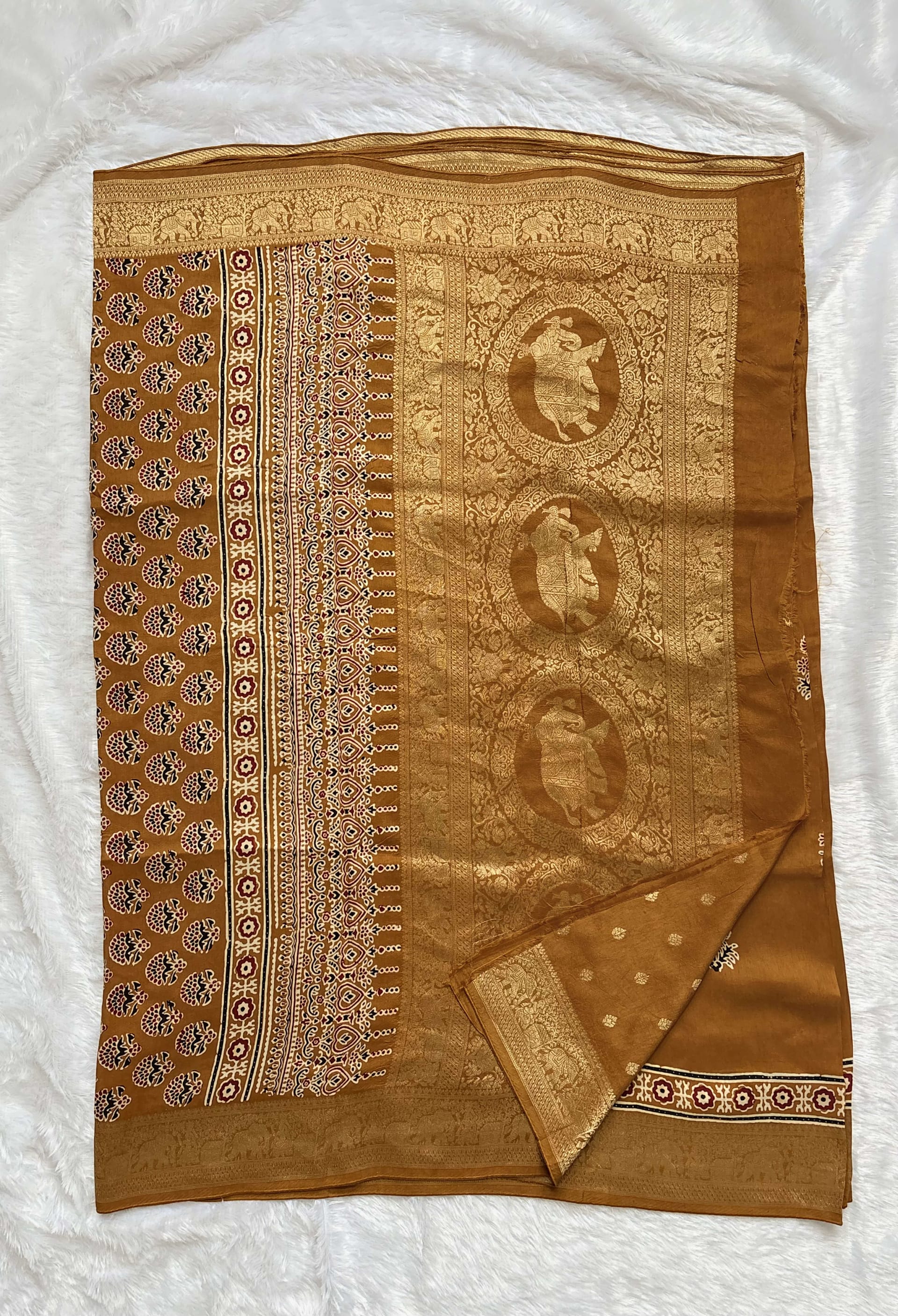 Pure Ajrakh Dola silk saree - Flower motifs Mustard — Yellow Ajrakh Dola saree