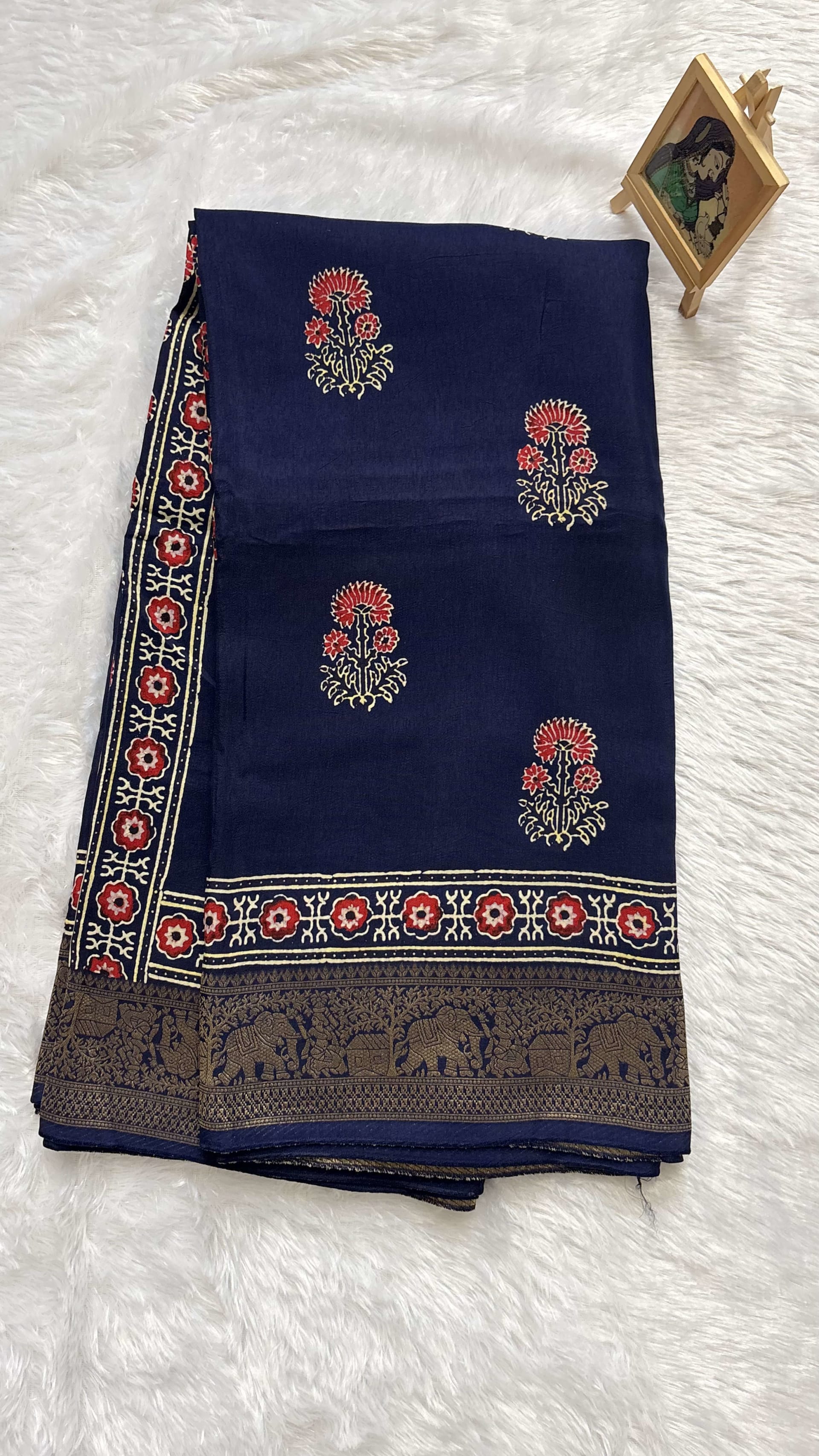 Pure Ajrakh Dola silk saree - Flower motifs Blue — Blue Ajrakh Dola saree