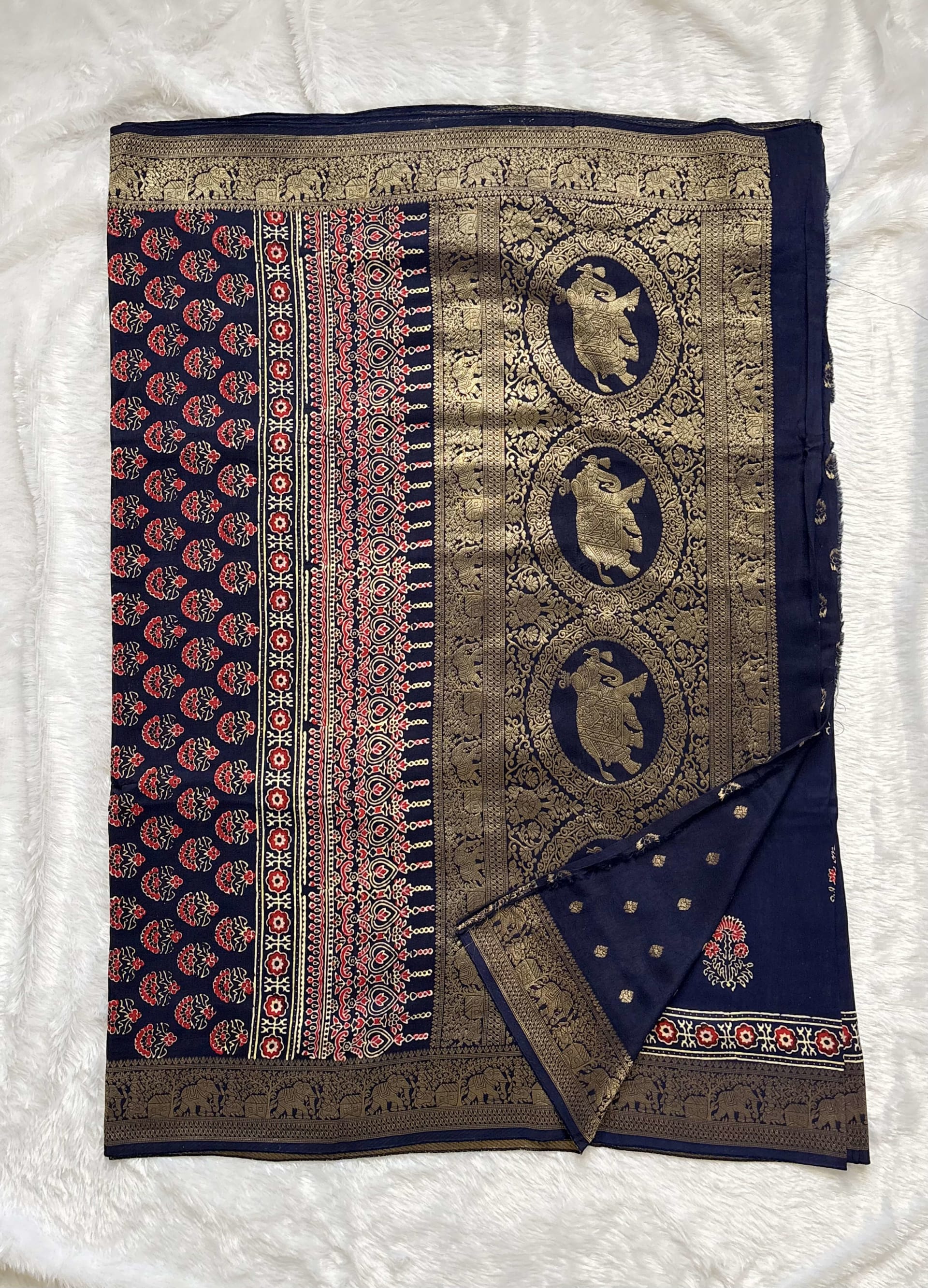 Pure Ajrakh Dola silk saree - Flower motifs Blue — Blue Ajrakh Dola saree