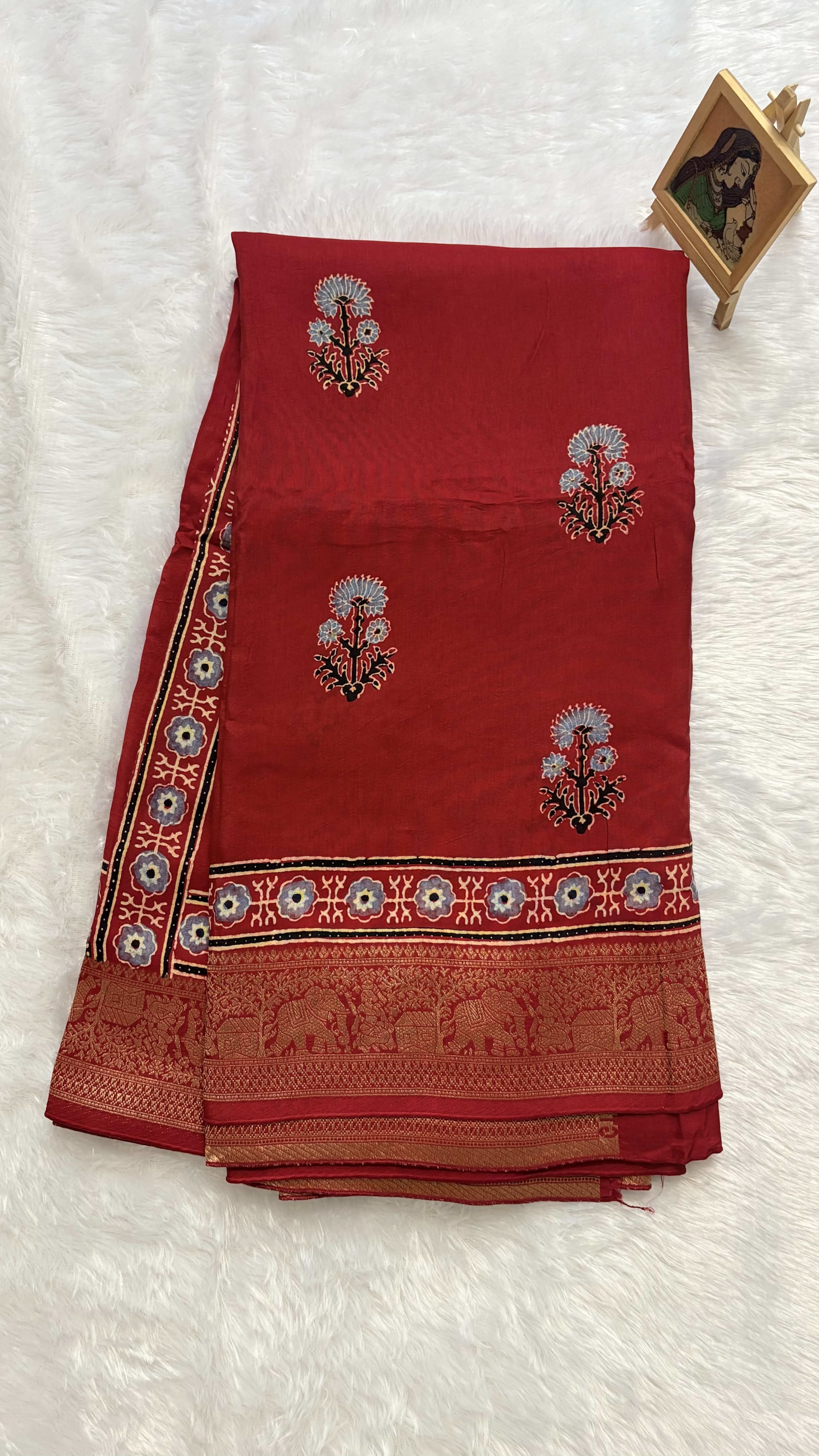 Pure Ajrakh Dola silk saree - Flower motifs Red — Red/Maroon Ajrakh Dola saree
