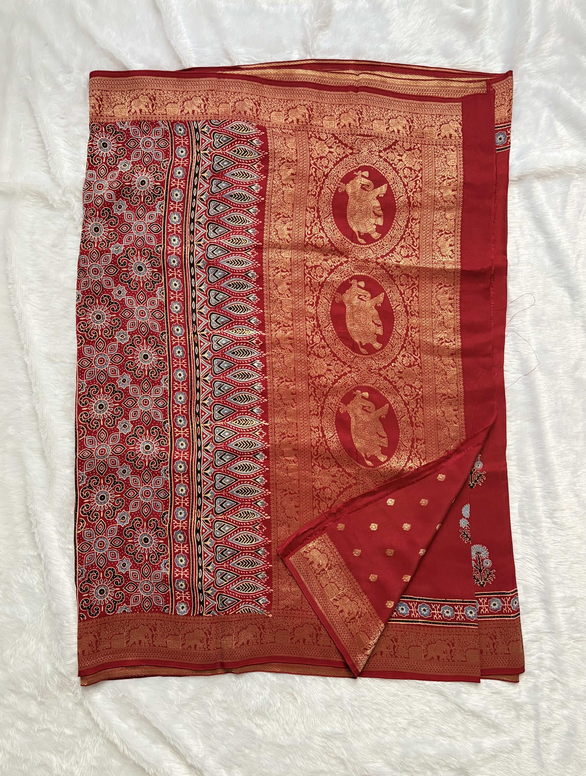 Pure Ajrakh Dola silk saree - Flower motifs Red — Red/Maroon Ajrakh Dola saree
