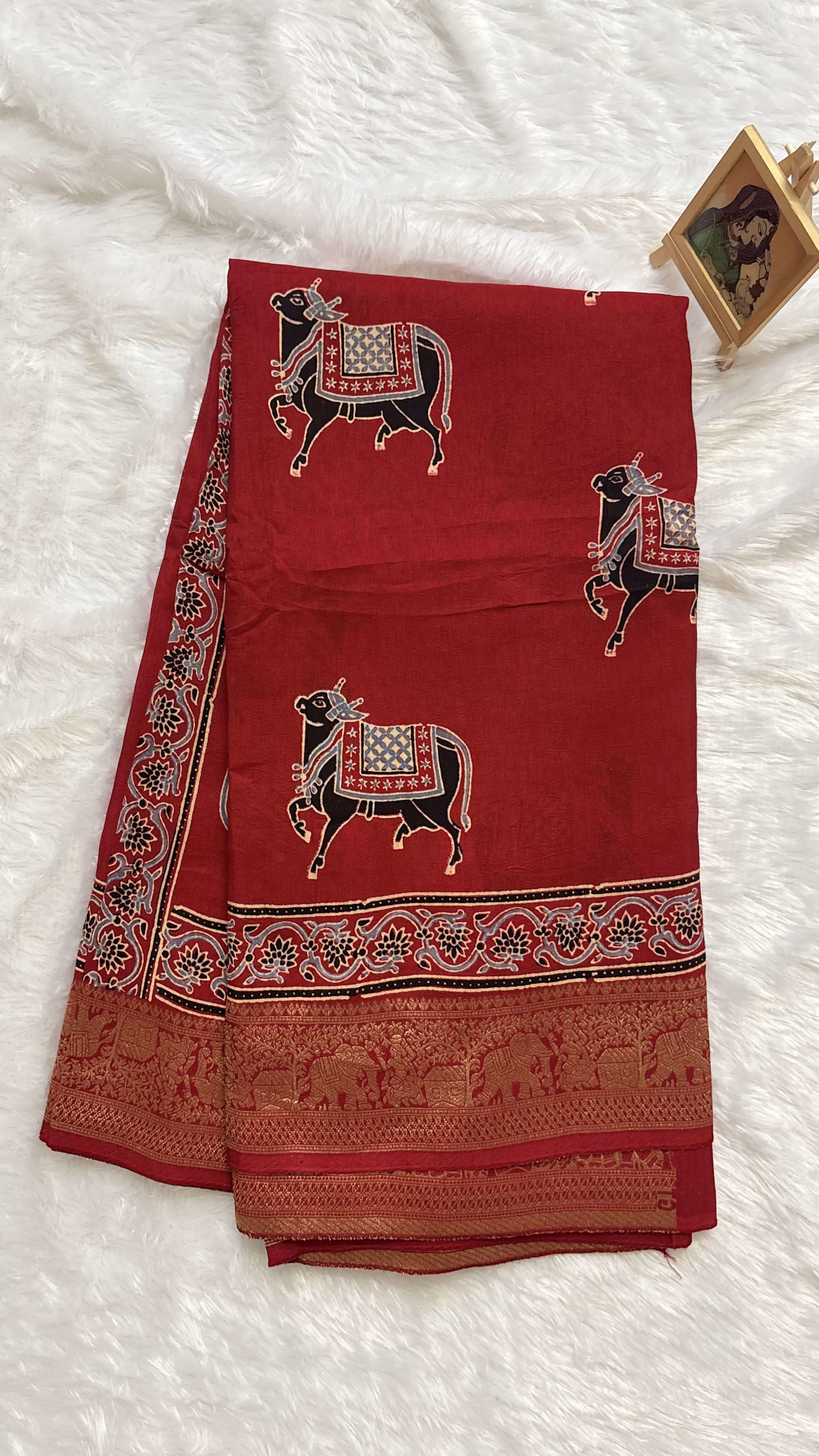 Pure Ajrakh Dola silk saree - Pichwai motifs Red — Red/Maroon Ajrakh Dola saree