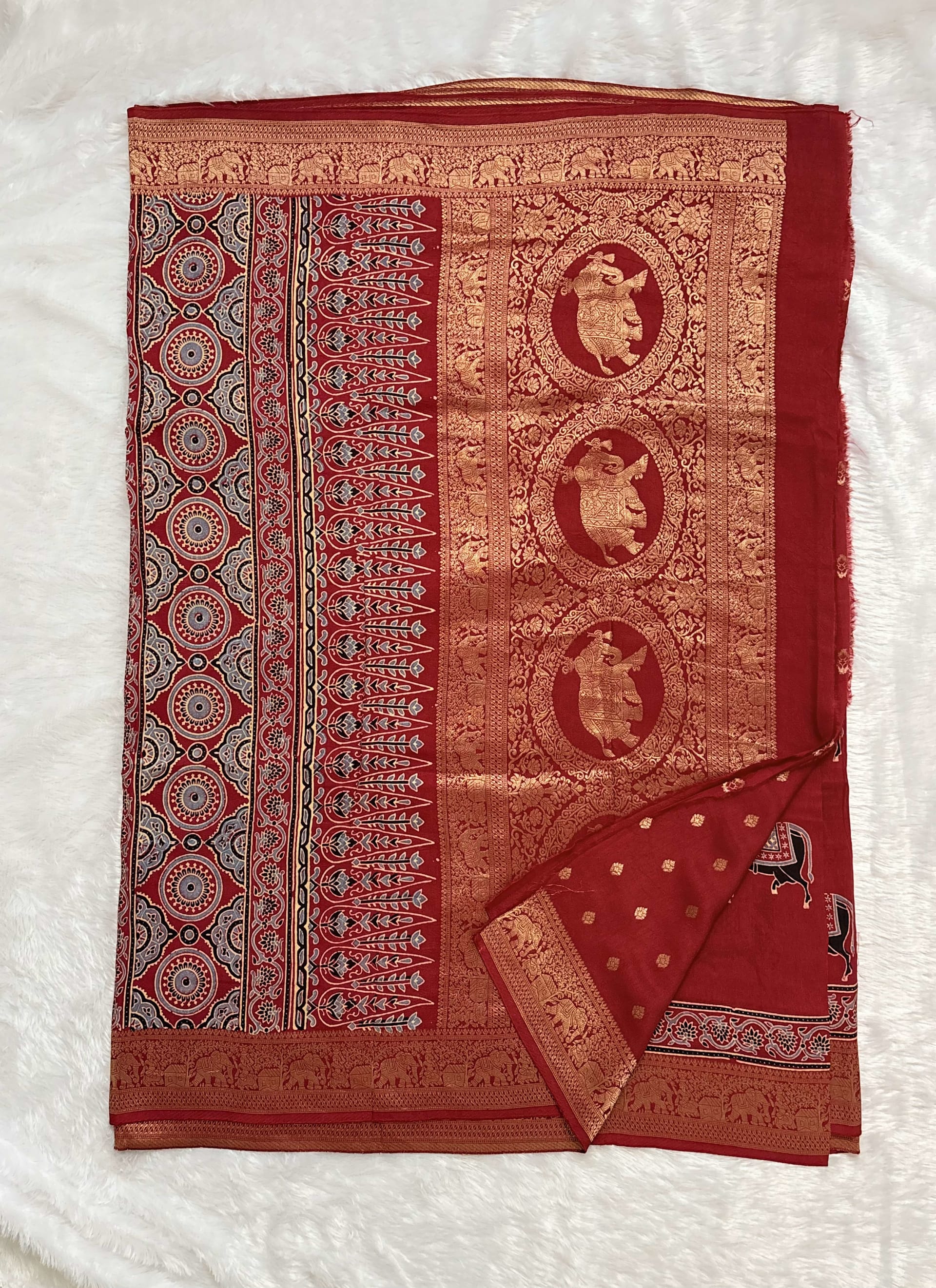 Pure Ajrakh Dola silk saree - Pichwai motifs Red — Red/Maroon Ajrakh Dola saree