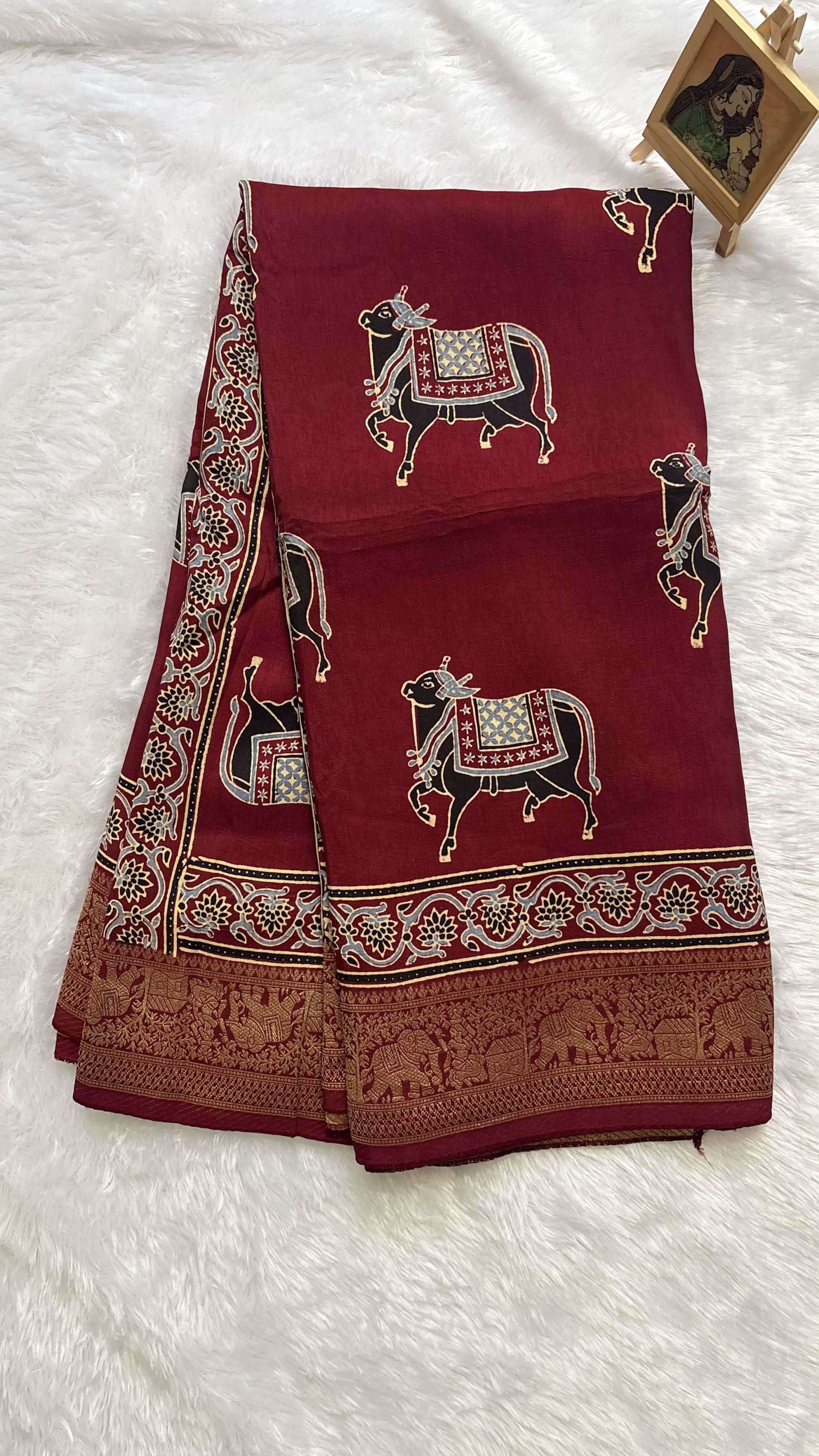 Pure Ajrakh Dola silk saree - Pichwai motifs Maroon — Red/Maroon Ajrakh Dola saree