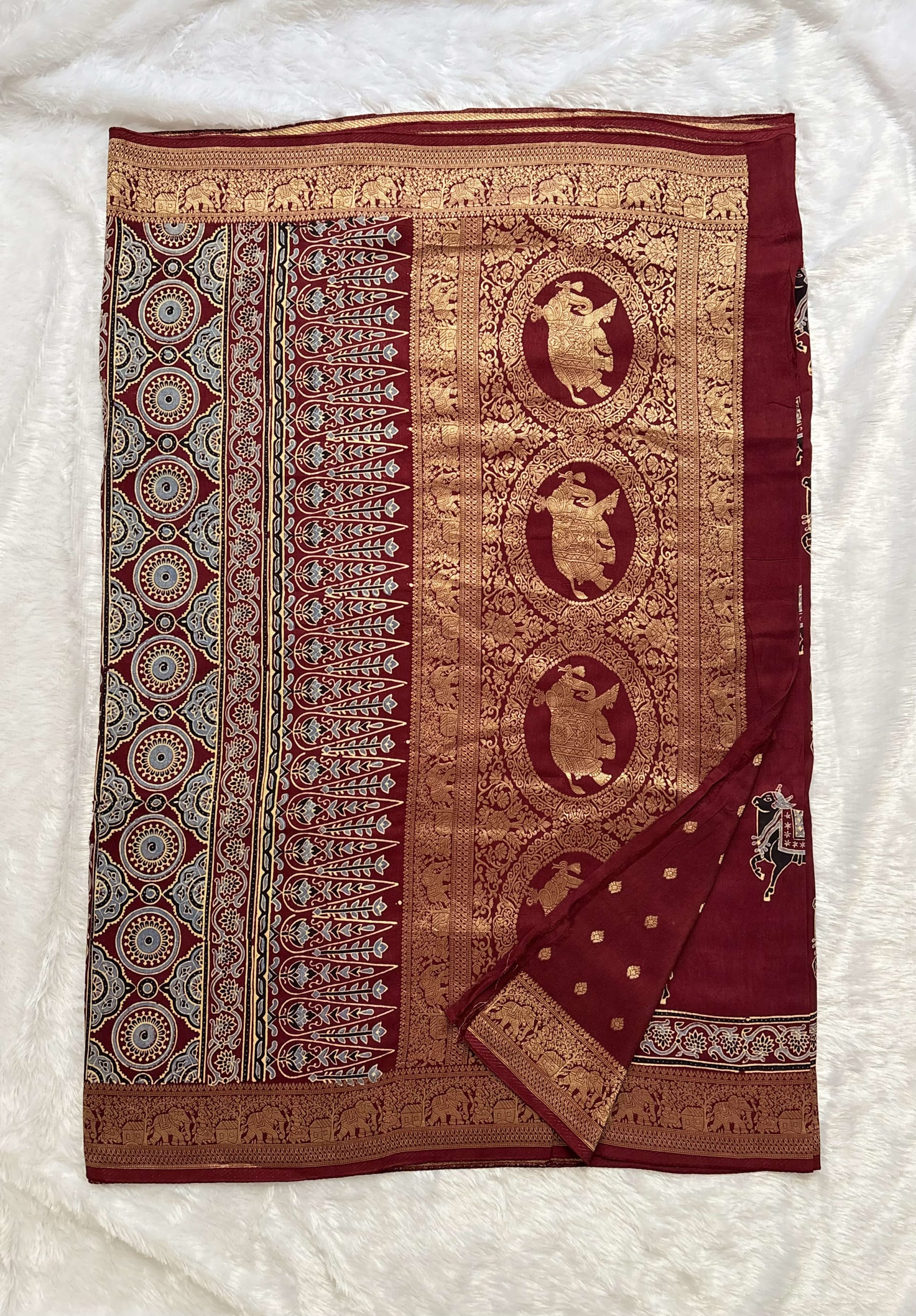 Pure Ajrakh Dola silk saree - Pichwai motifs Maroon — Red/Maroon Ajrakh Dola saree