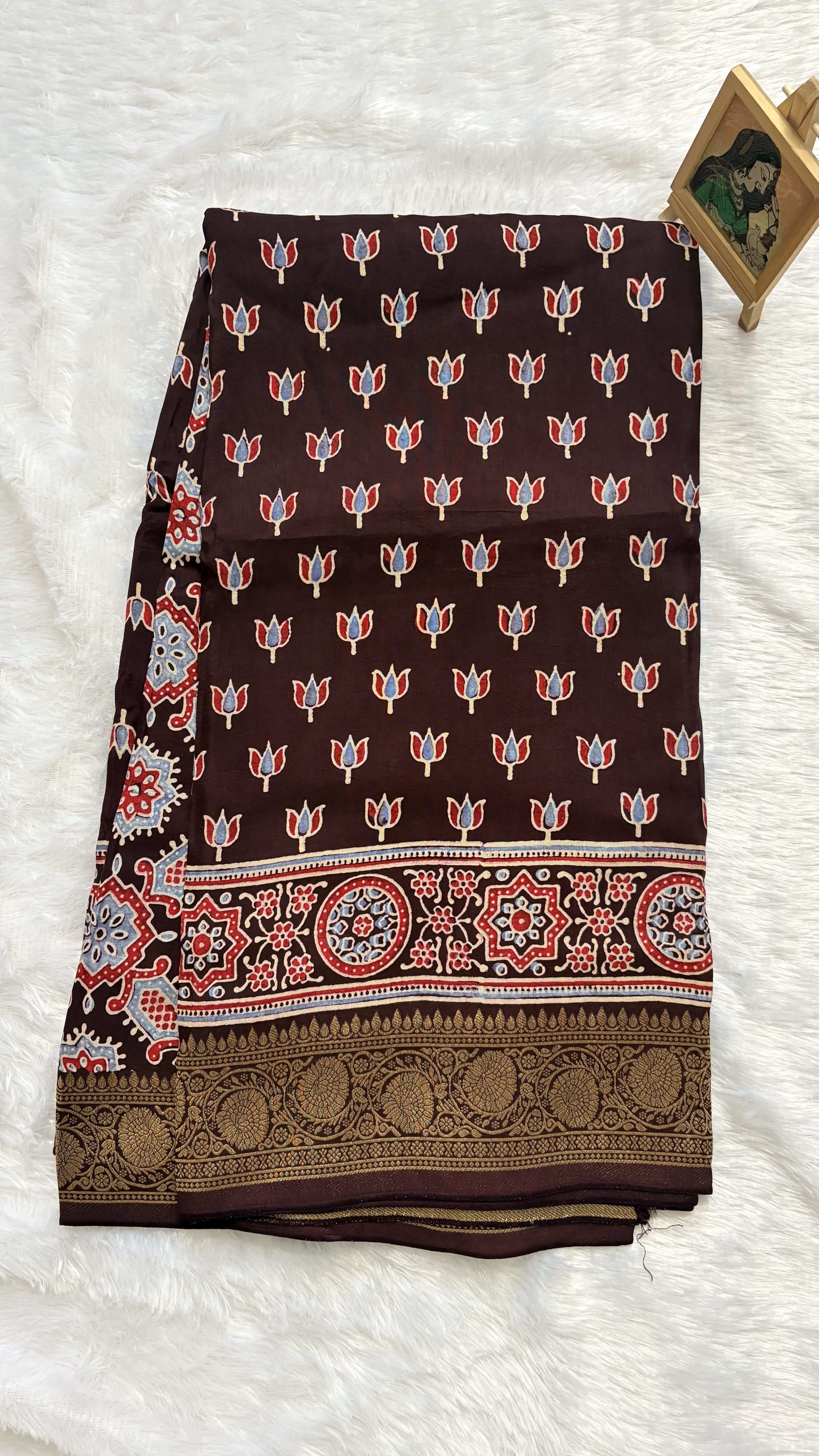 Pure Ajrakh Dola silk saree - Lotus motifs Coffe Brown — Brown Ajrakh Dola saree