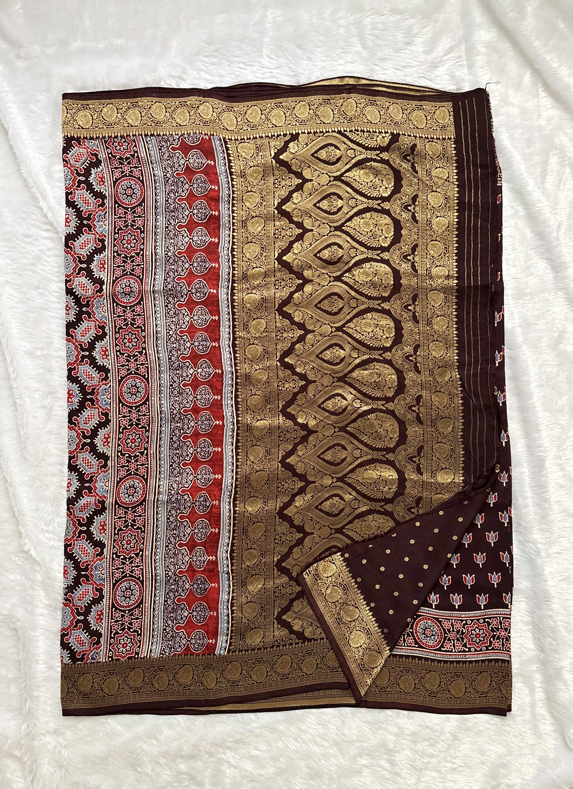 Pure Ajrakh Dola silk saree - Lotus motifs Coffe Brown — Brown Ajrakh Dola saree