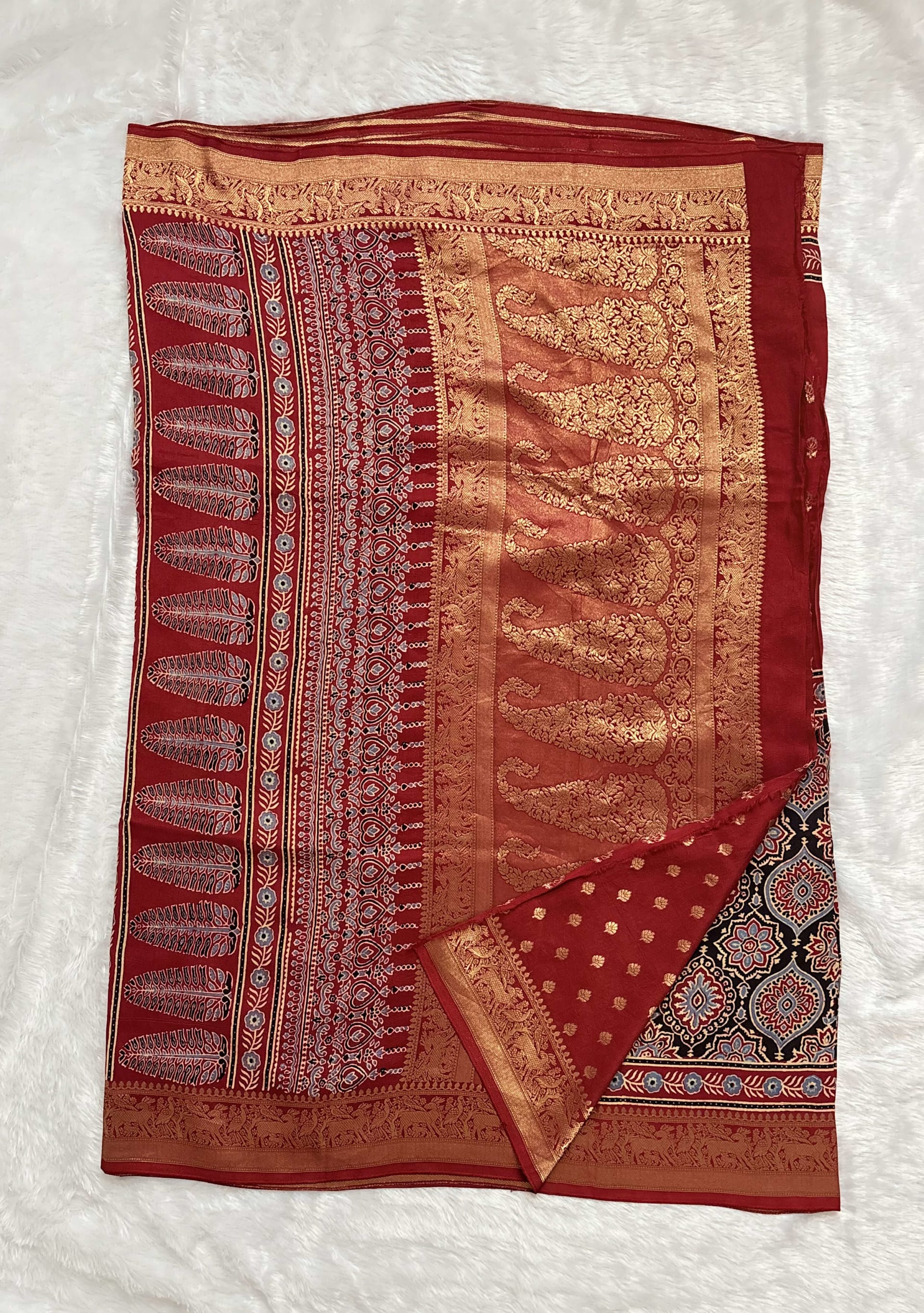 Pure Ajrakh Dola silk saree - Badam Half Red — Red/Maroon Ajrakh Dola saree