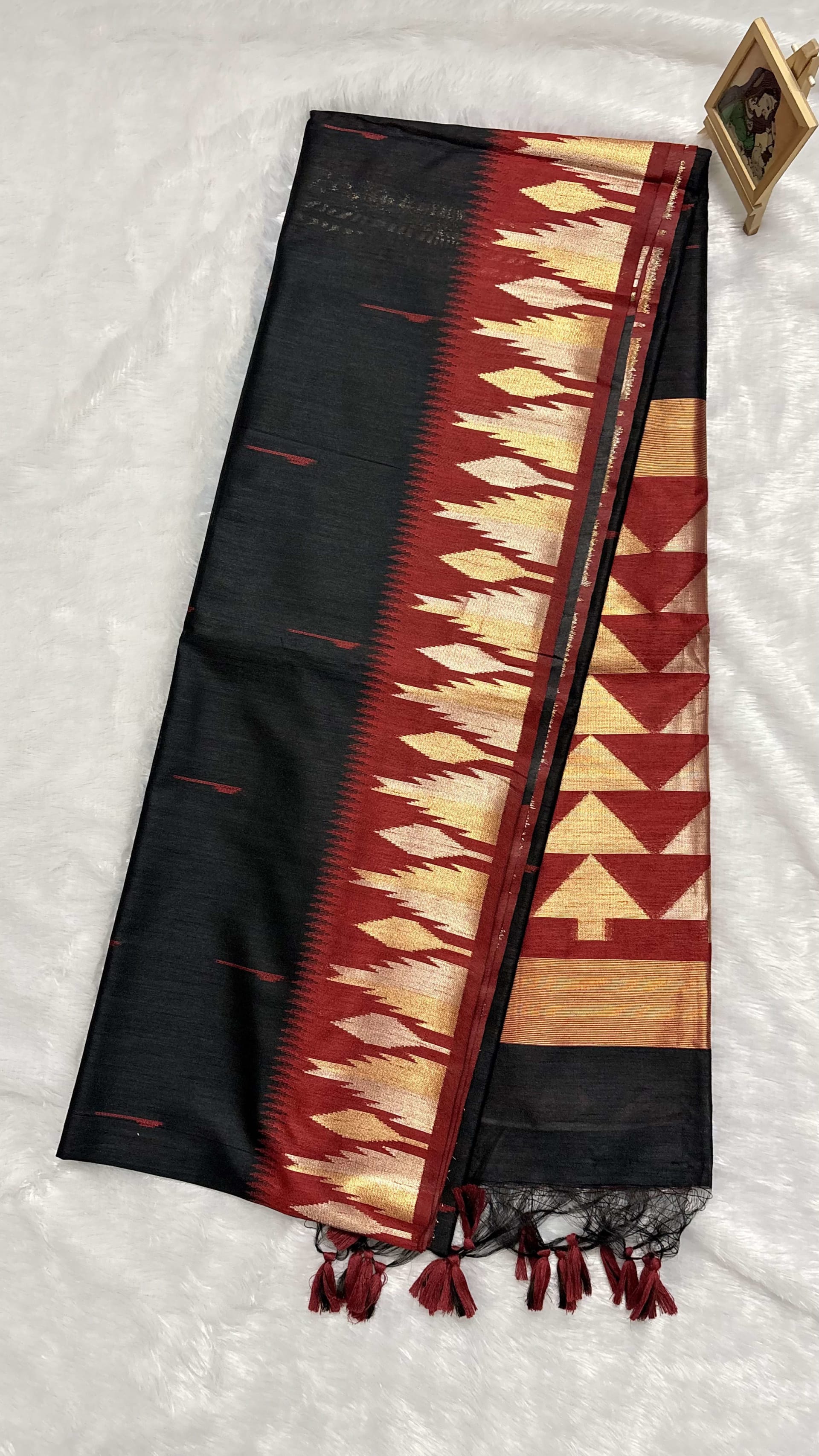 Raw Silk with Temple Border Black — Black/Grey Jamdani Raw Silk saree