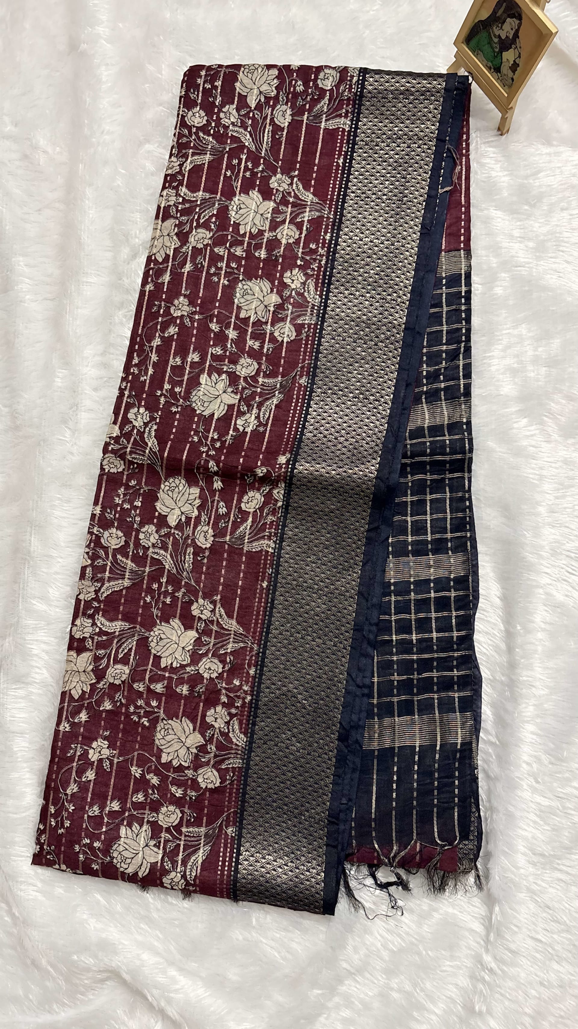 Soft Tussar sarees with allover stripes Maroon and Black — Red/Maroon Chanderi Tussar saree