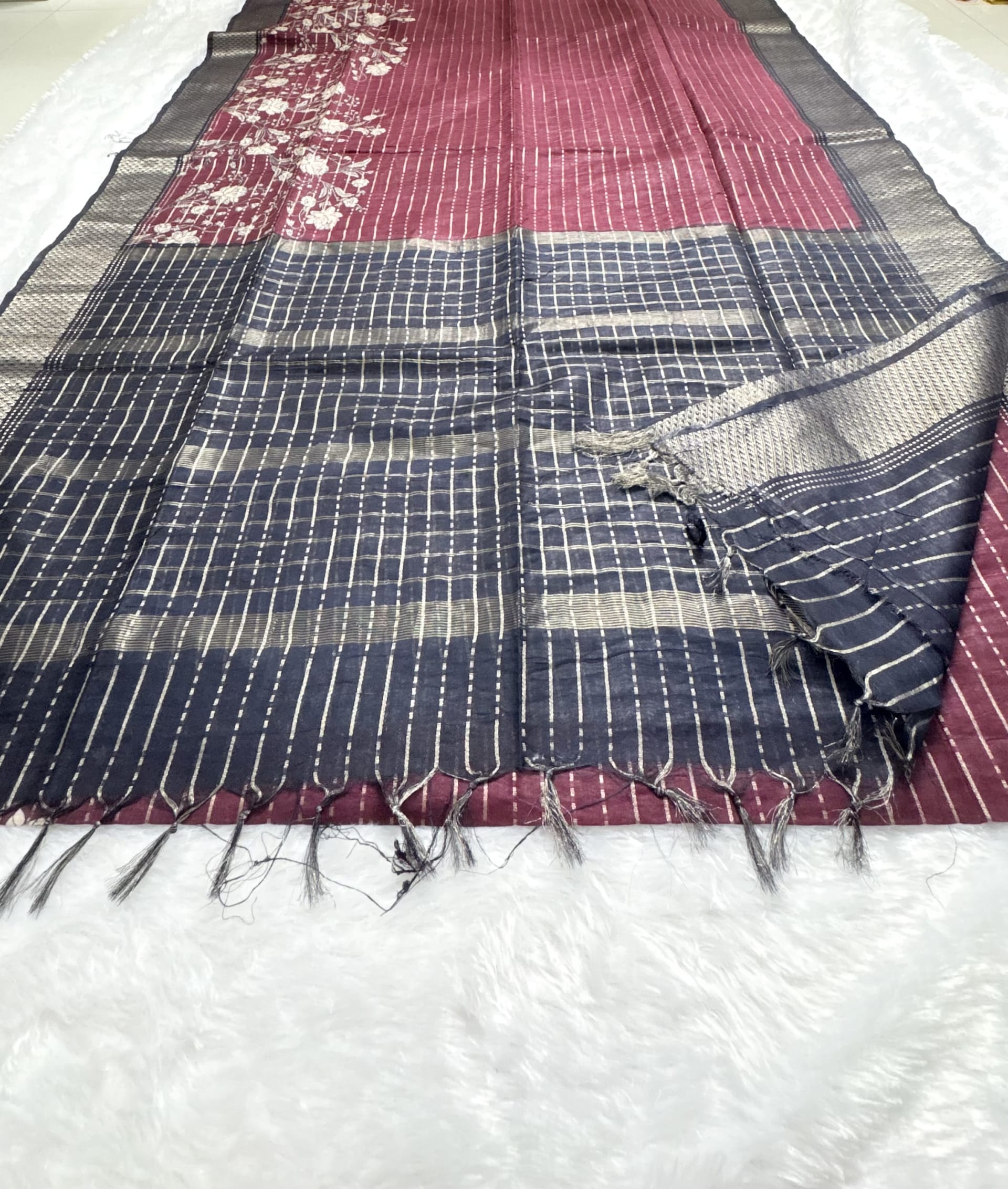 Soft Tussar sarees with allover stripes Maroon and Black — Red/Maroon Chanderi Tussar saree