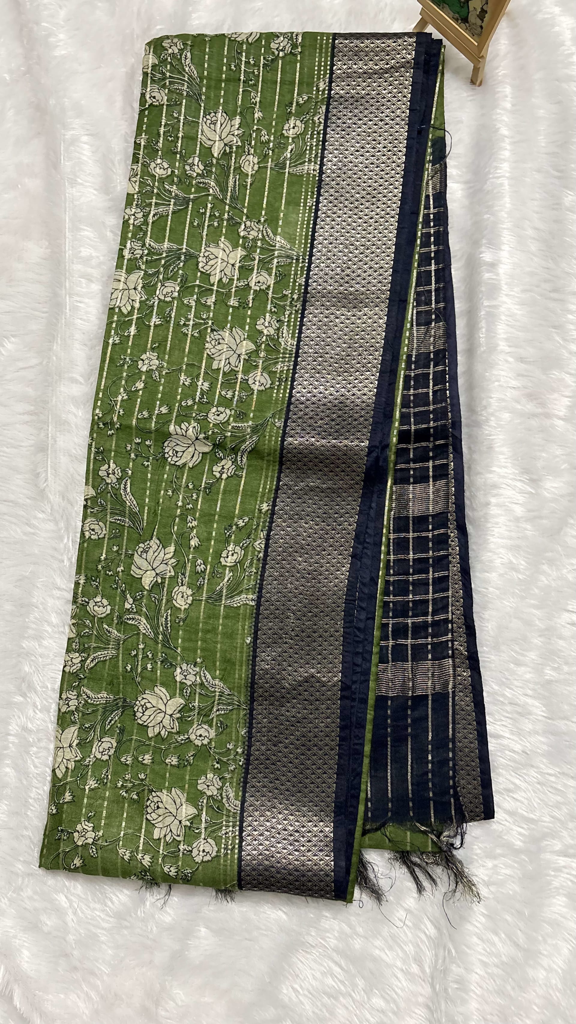 Soft Tussar sarees with allover stripes Green and Black — Green Chanderi Tussar saree