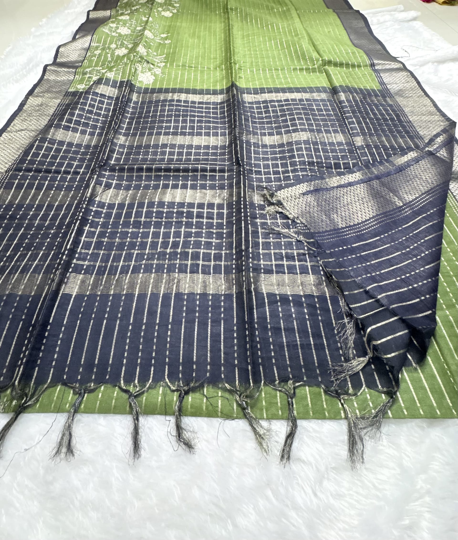 Soft Tussar sarees with allover stripes Green and Black — Green Chanderi Tussar saree