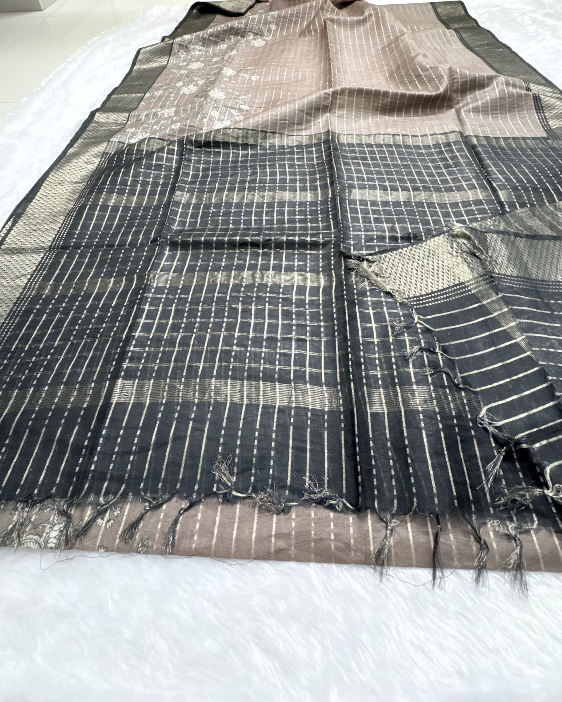 Soft Tussar sarees with allover stripes Beige and Black — Gold/Beige Chanderi Tussar saree