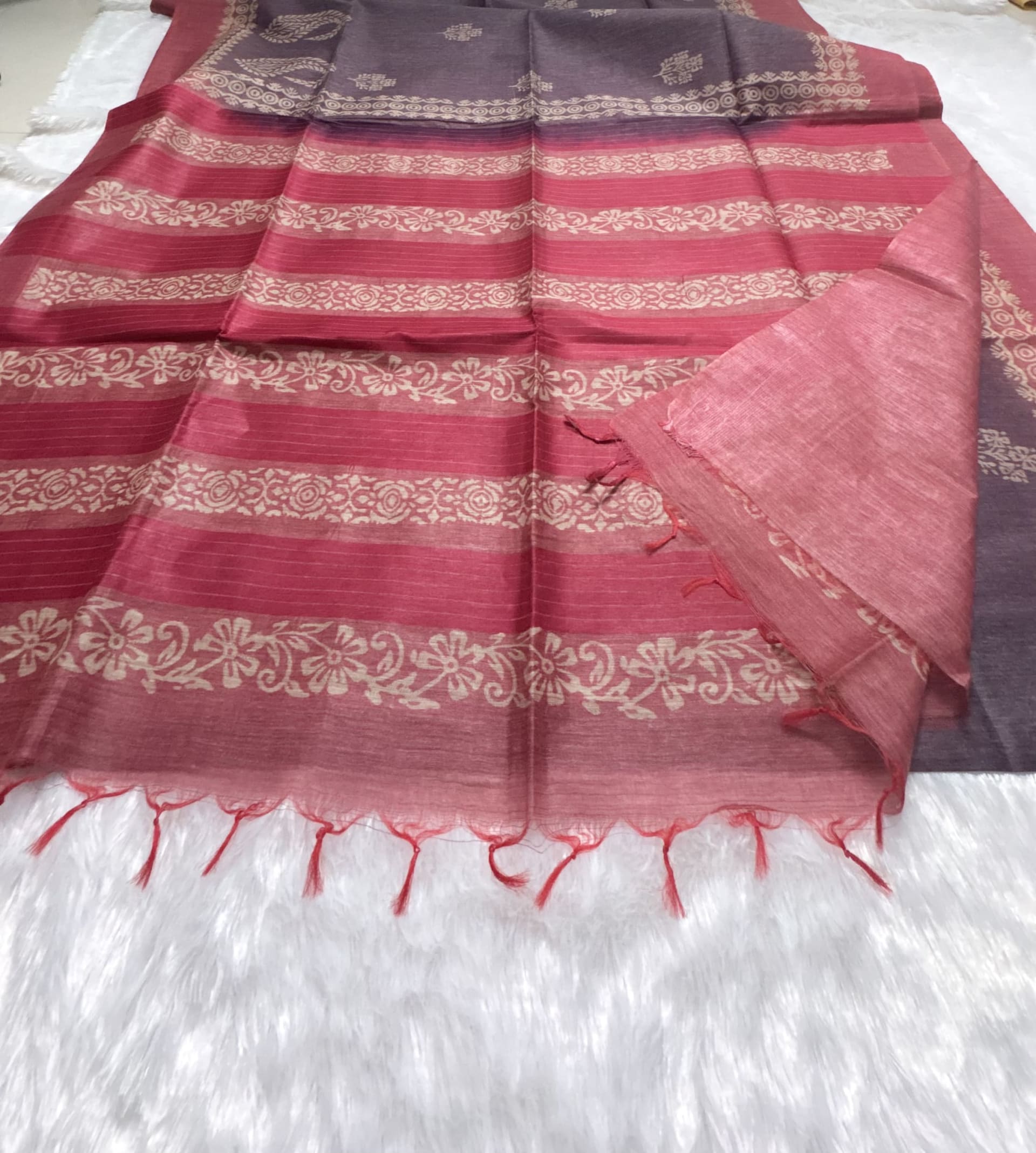 Semi tussar saree with block prints Purple and Pink — Purple/Lavender Chanderi Tussar saree