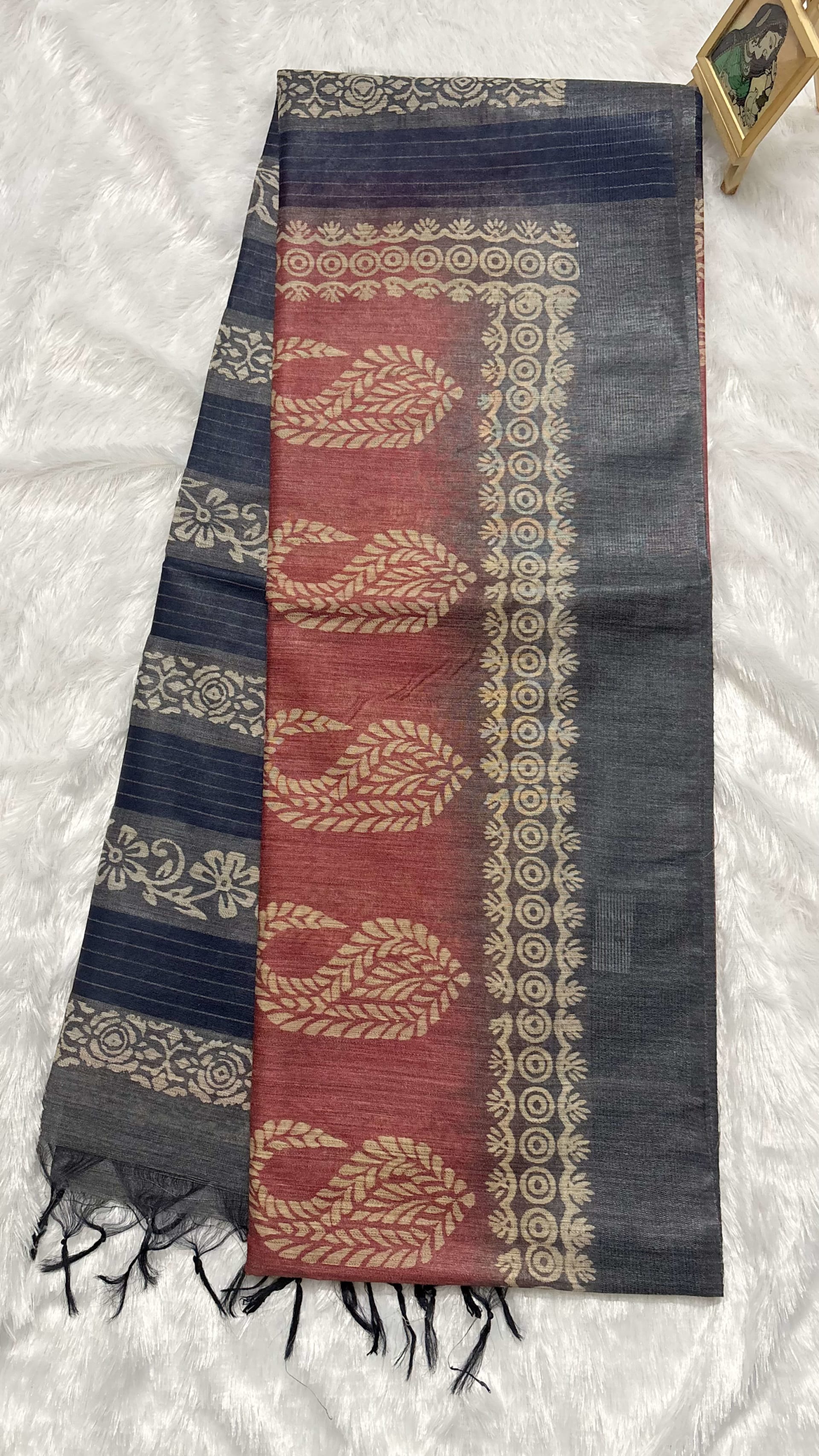 Semi tussar saree with block prints Pink and Blue — Pink/Peach Chanderi Tussar saree