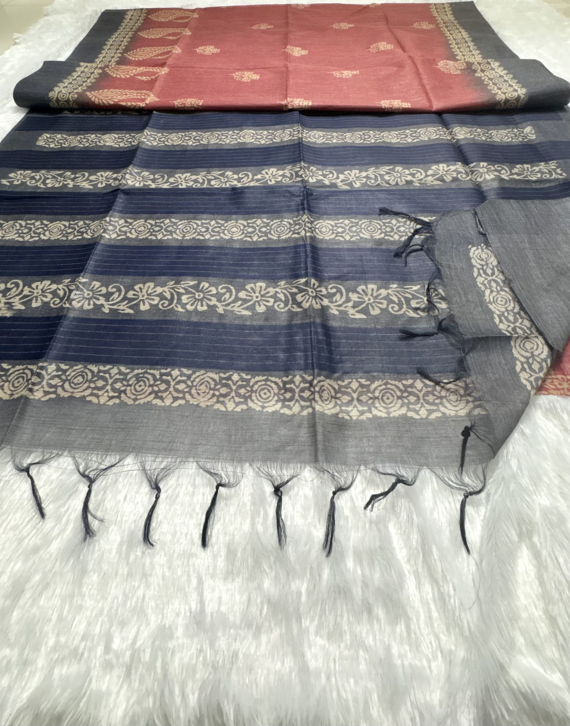 Semi tussar saree with block prints Pink and Blue — Pink/Peach Chanderi Tussar saree