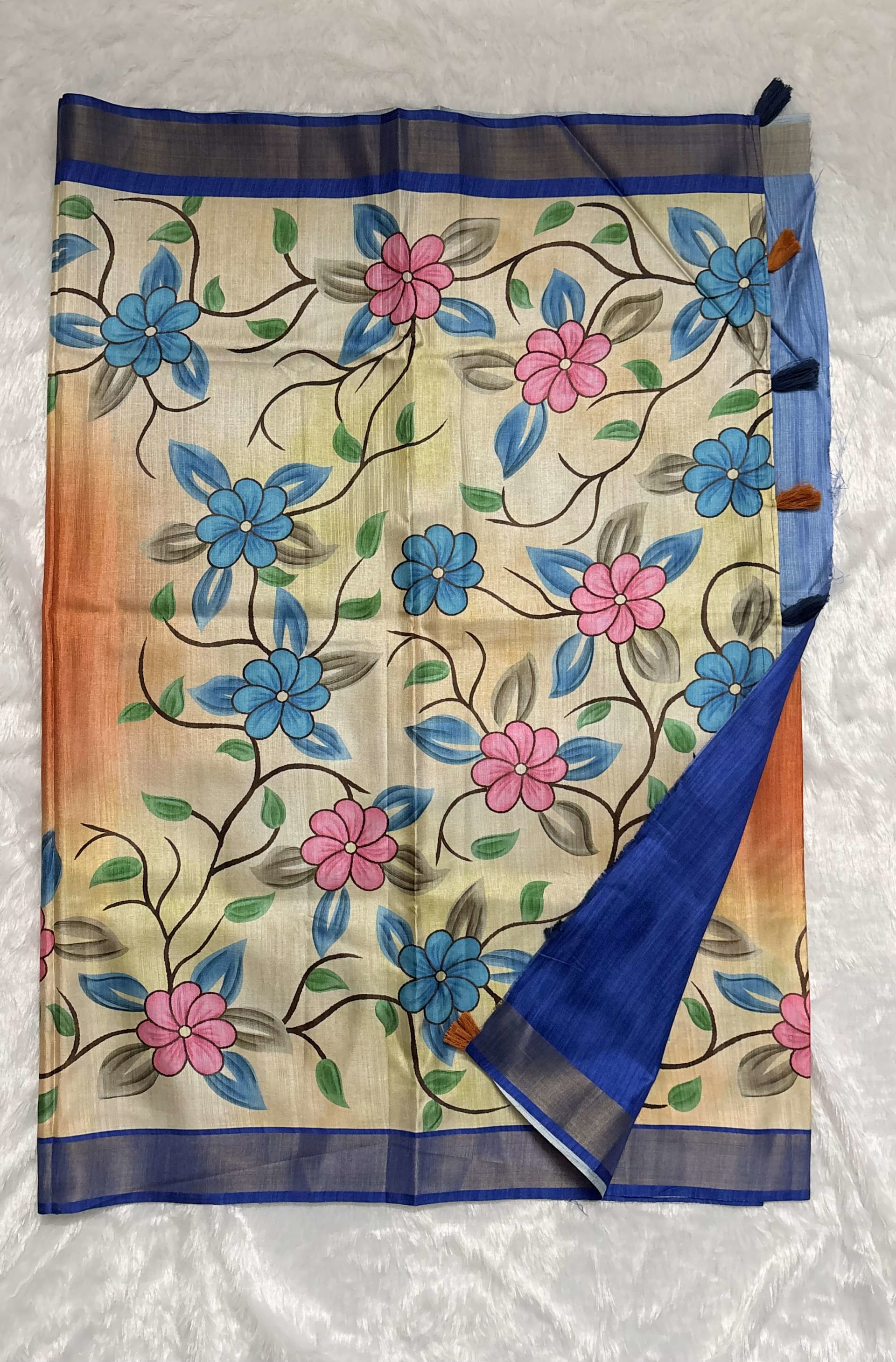 Raw silk saree with handpainted florals Orange and Blue — Orange Chanderi Raw Silk saree