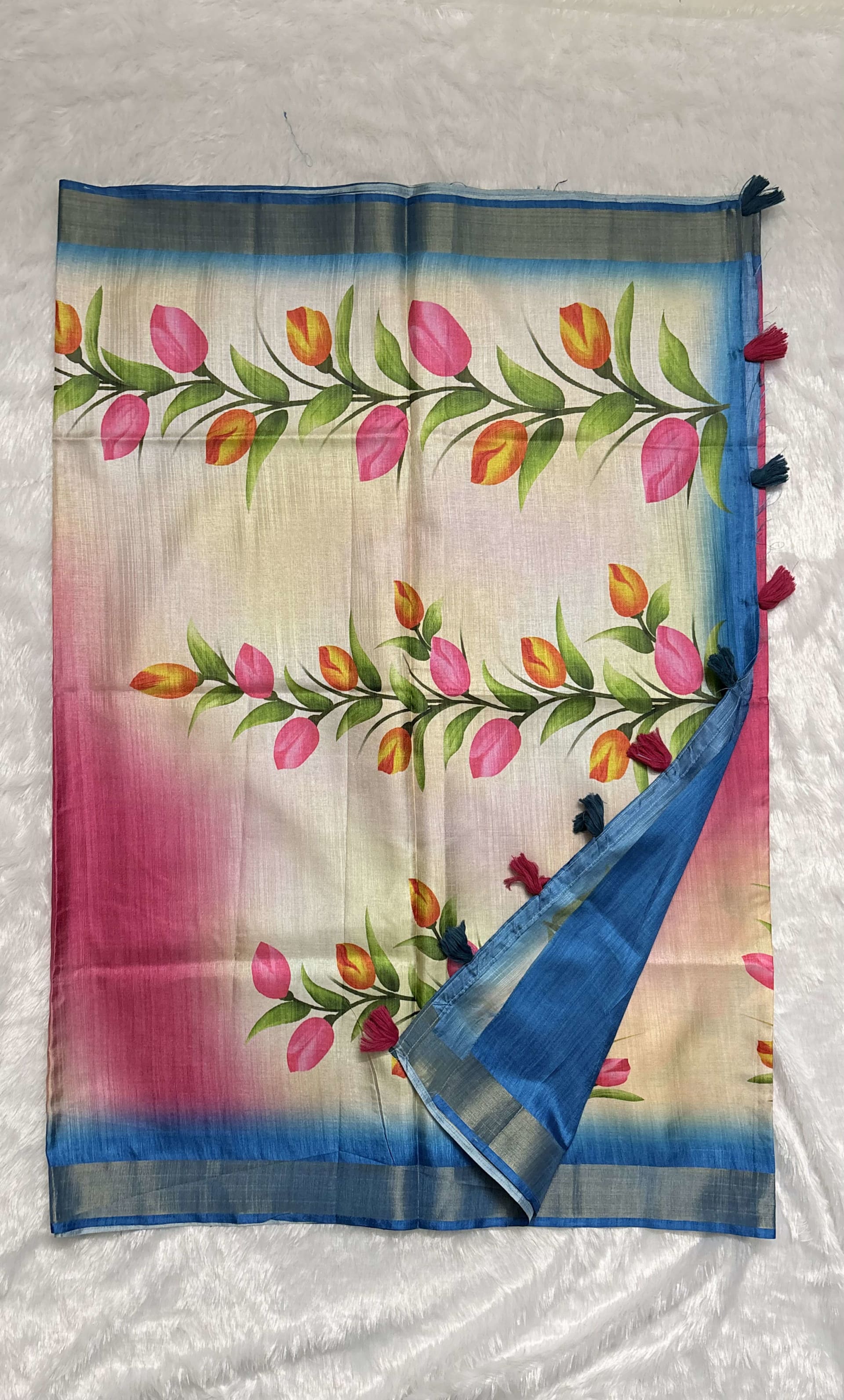 Raw silk saree with handpainted Tulips Pink and Blue — Pink/Peach Chanderi Raw Silk saree
