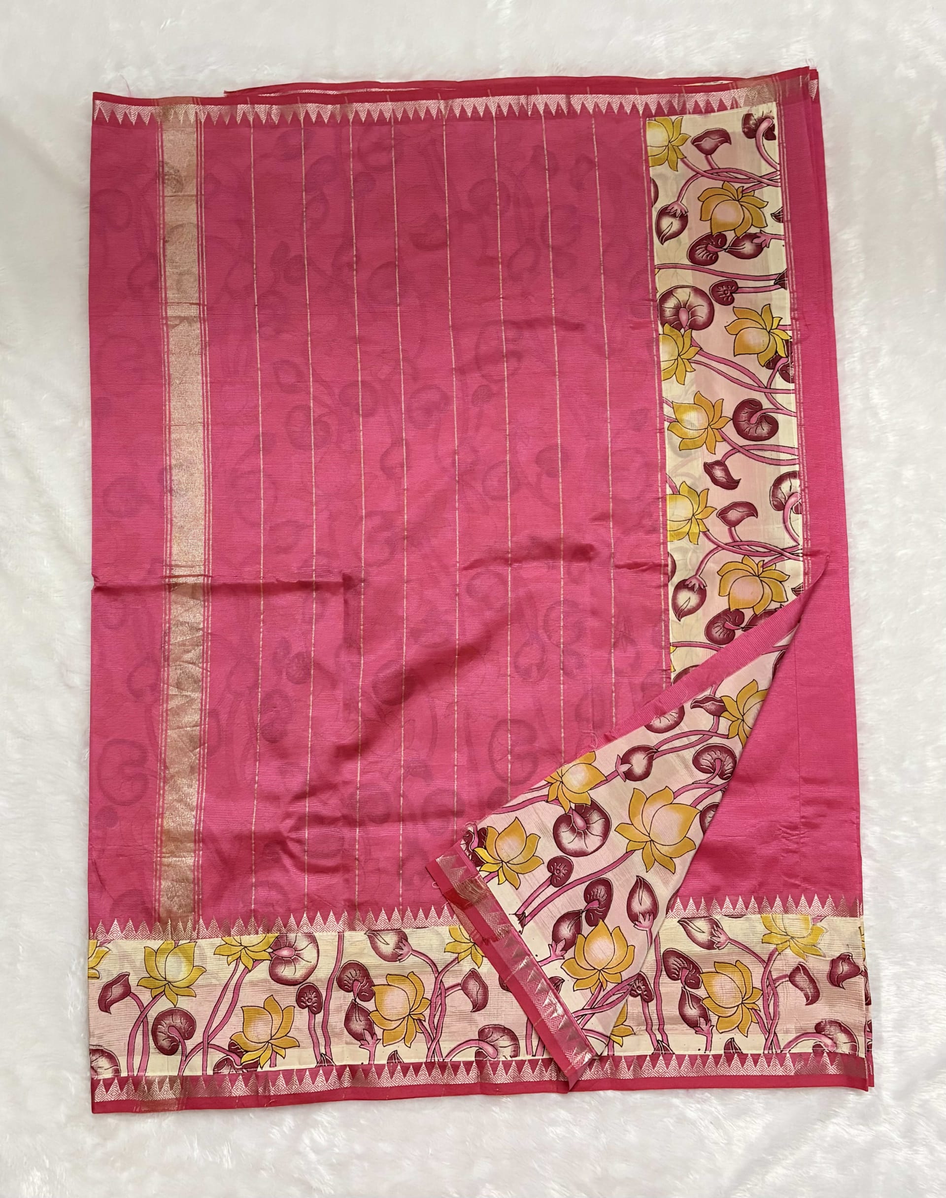 Mangalagiri Pattu Sarees with gap border Kalamkari Baby Pink — Pink/Peach Mangalagiri Cotton Silk saree