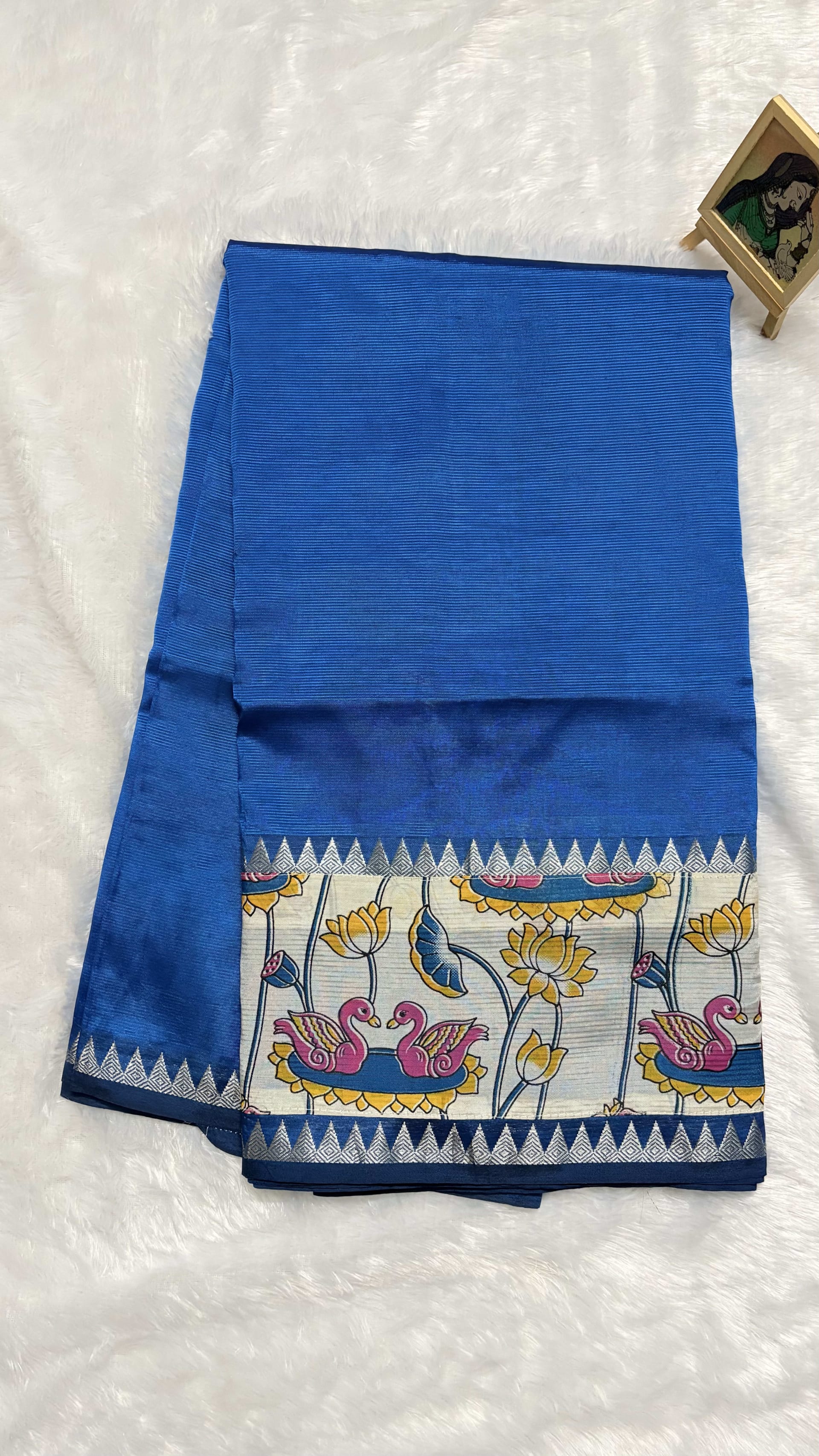 Mangalagiri Pattu Sarees with gap border Kalamkari Blue — Blue Mangalagiri Cotton Silk saree