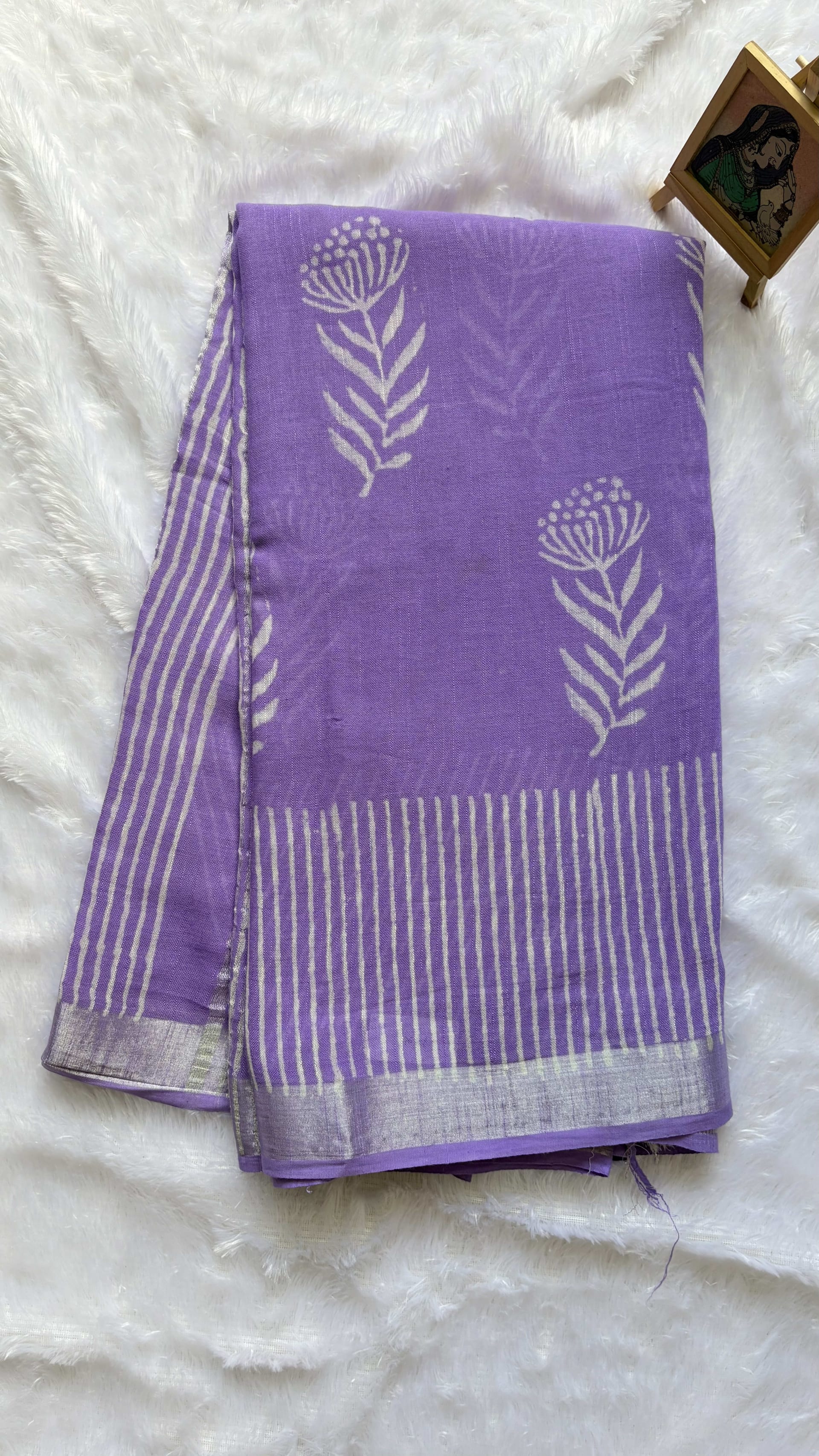 Linen Cotton saree with block prints Lavender — Purple/Lavender Chanderi Linen saree