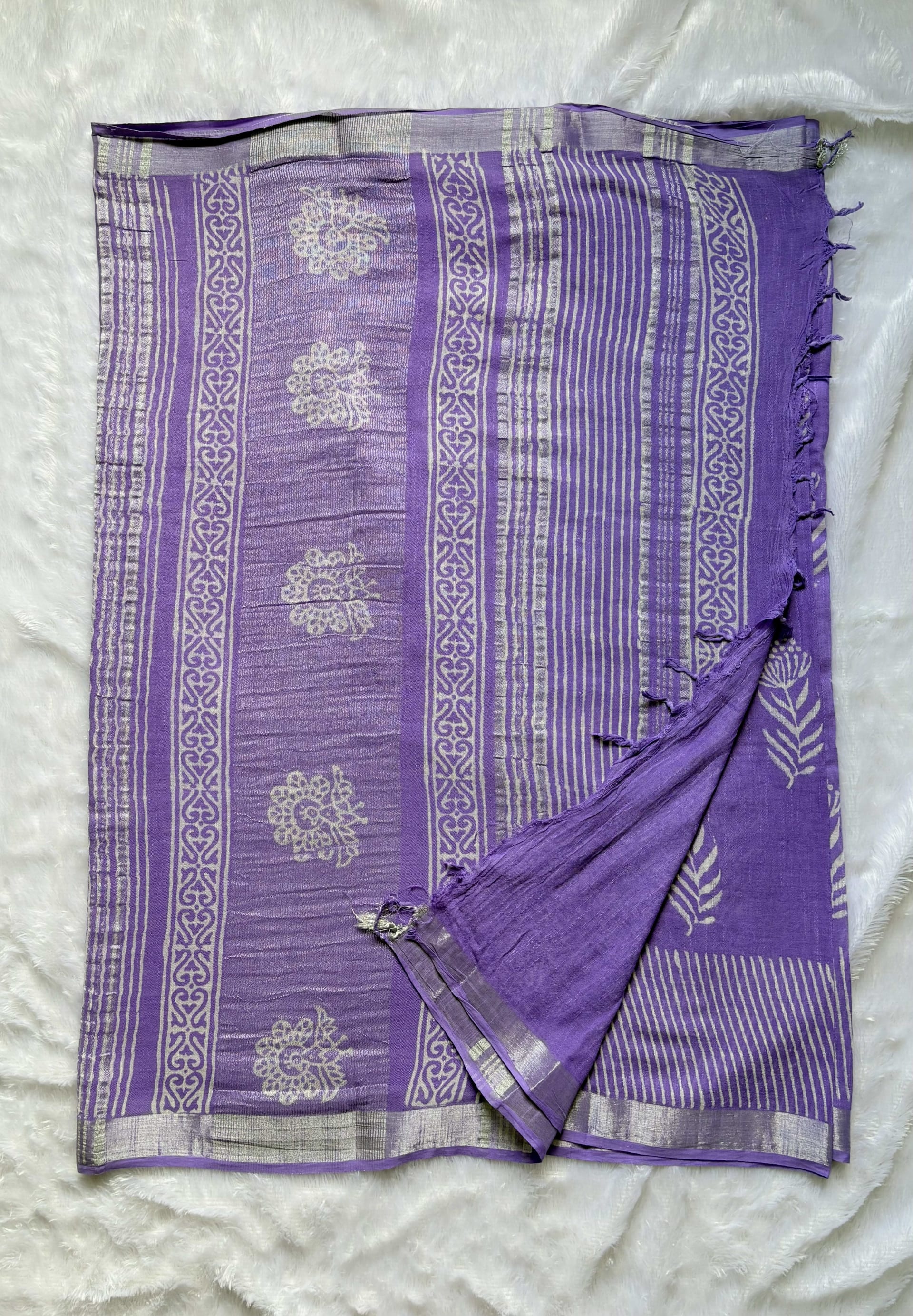 Linen Cotton saree with block prints Lavender — Purple/Lavender Chanderi Linen saree