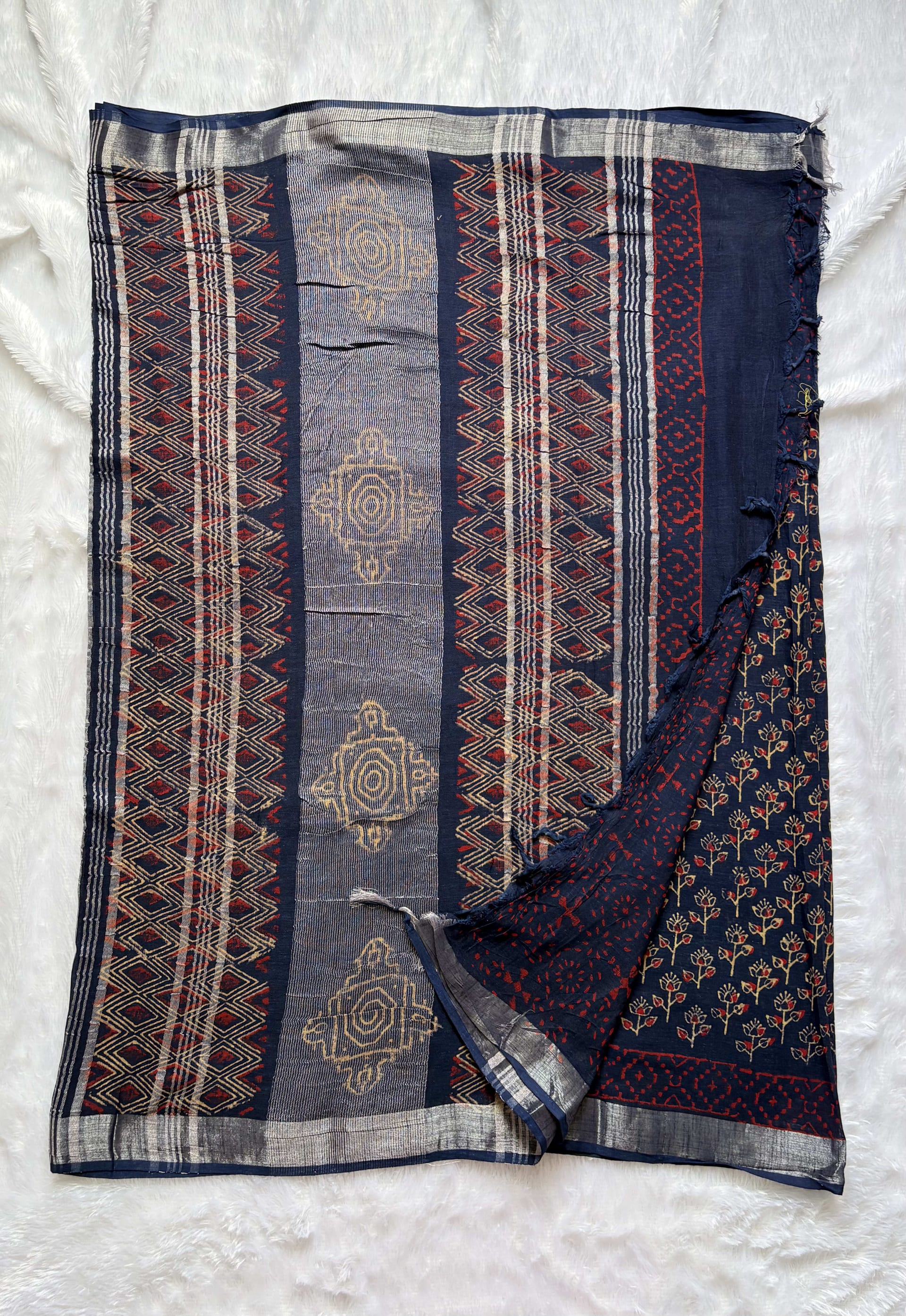Linen Cotton saree with block prints Navy Blue — Blue Chanderi Linen saree