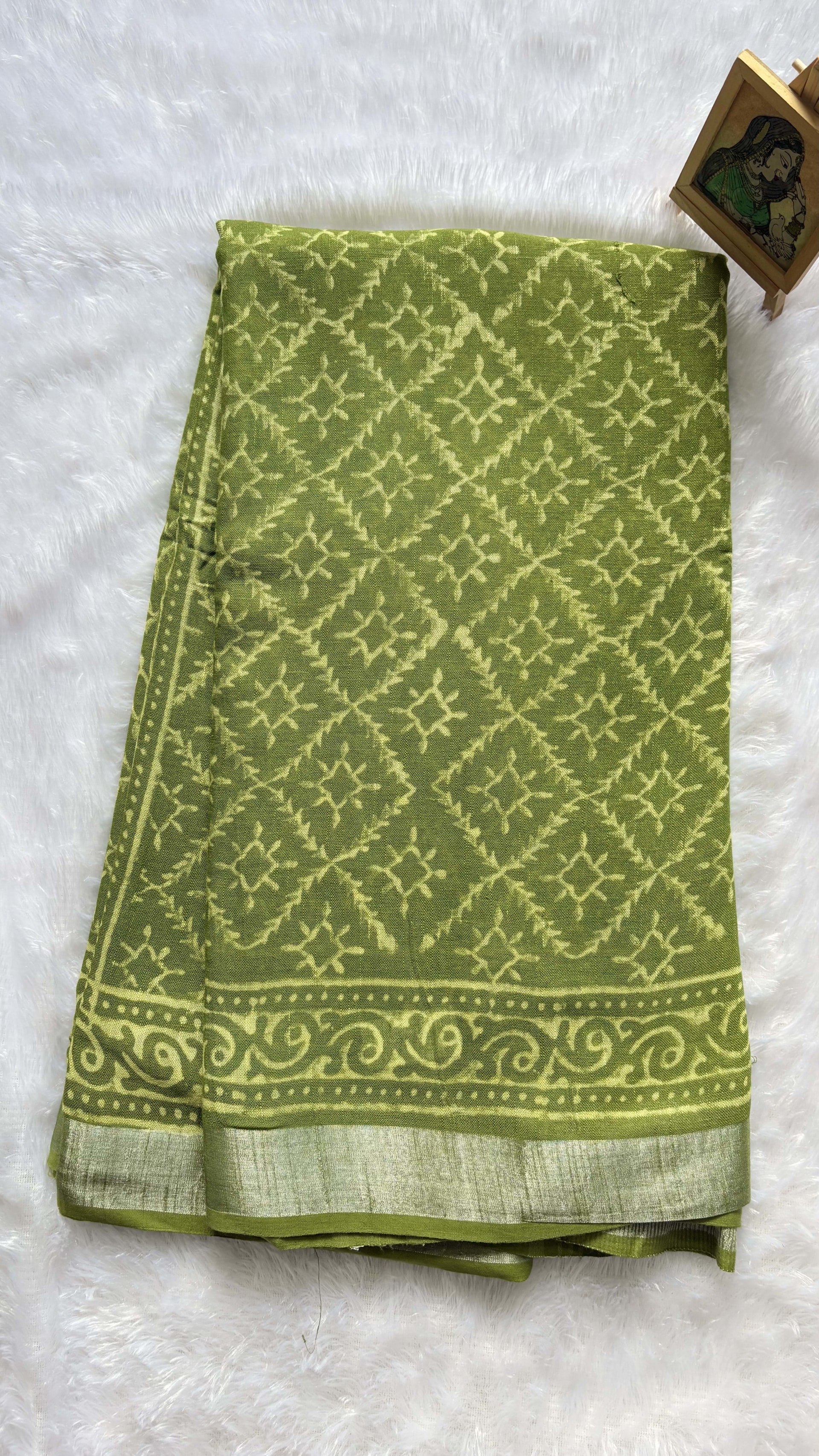 Linen Cotton saree with block prints Parrot green — Green Chanderi Linen saree