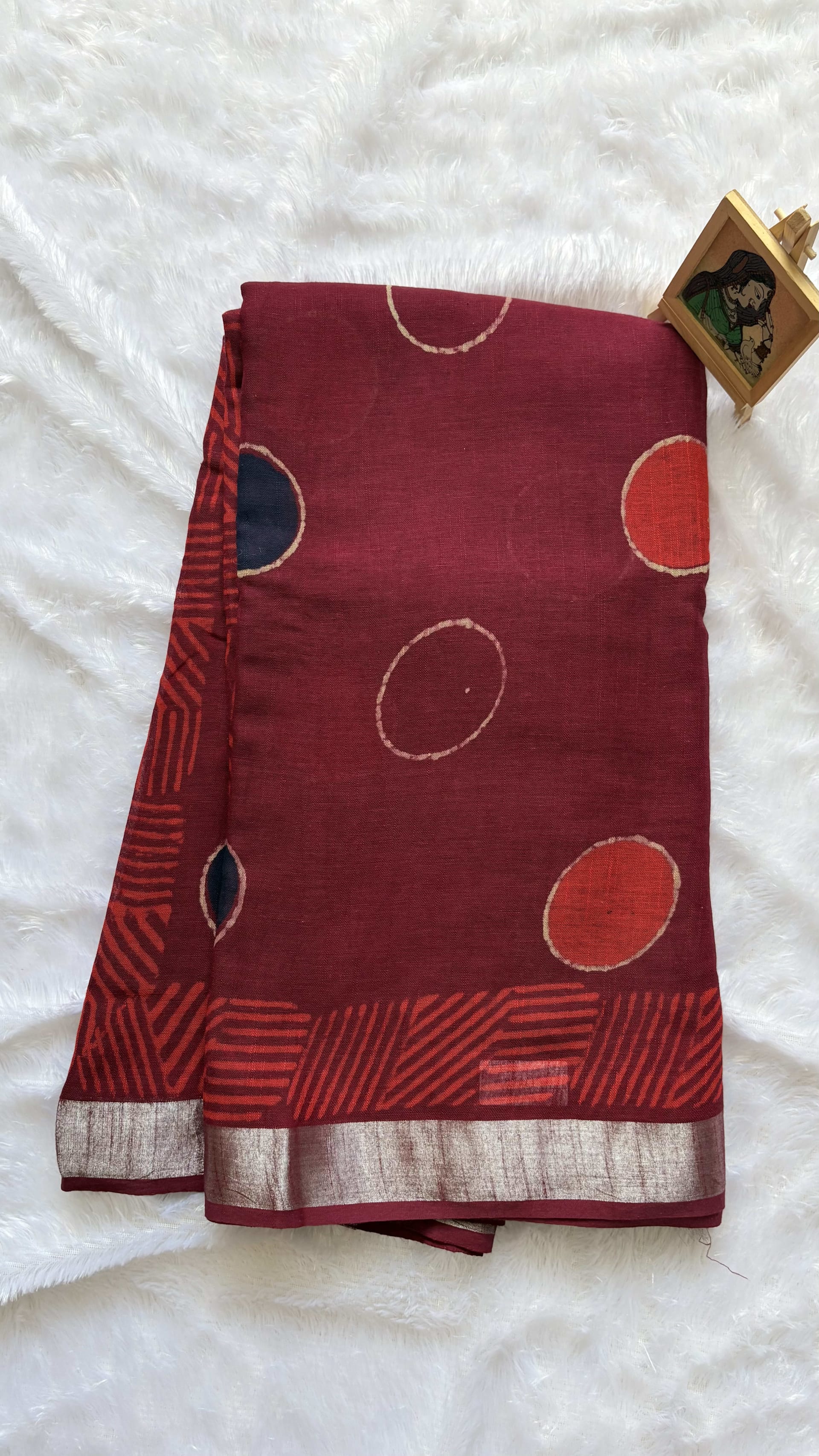 Linen Cotton saree with block prints Magenta — Wine/Magenta Chanderi Linen saree