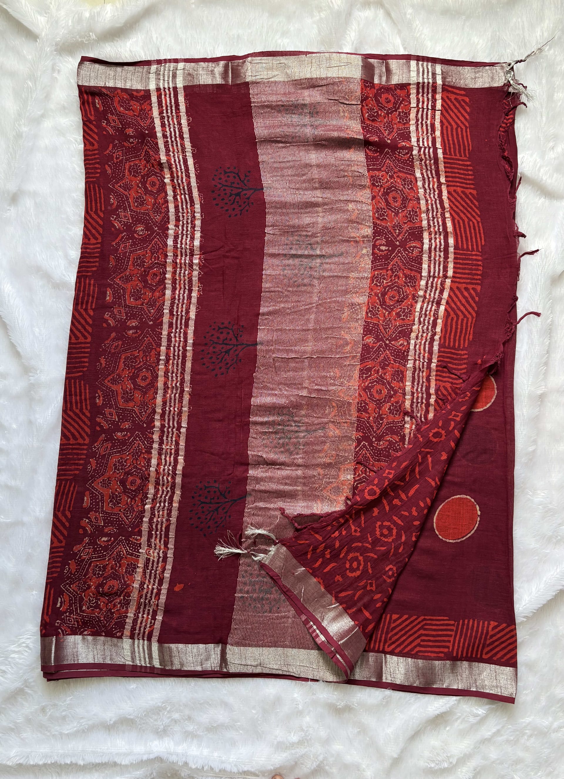 Linen Cotton saree with block prints Magenta — Wine/Magenta Chanderi Linen saree