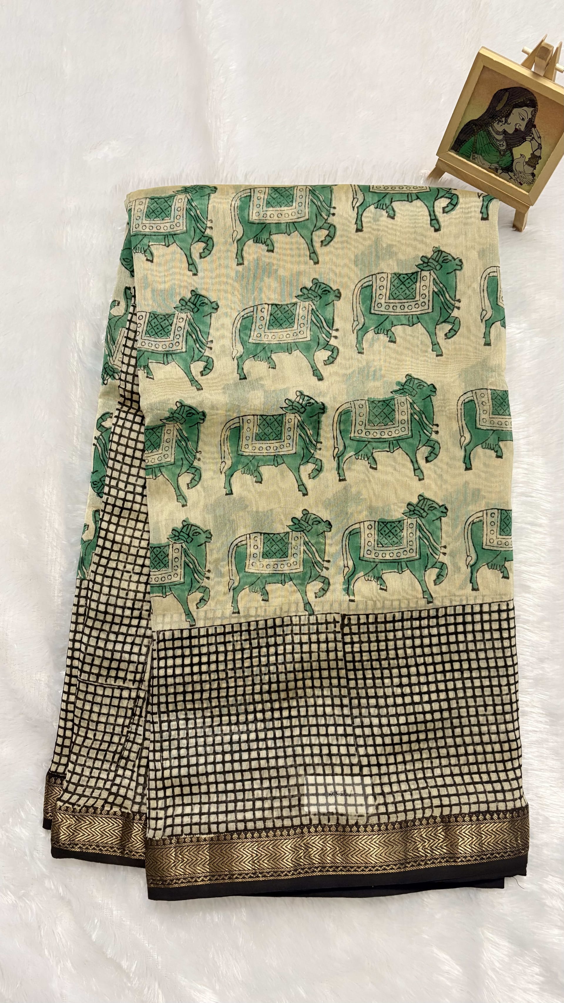 Pure Maheshwari cotton silk saree with block prints Pichwai — White/Cream Maheshwari Cotton Silk saree