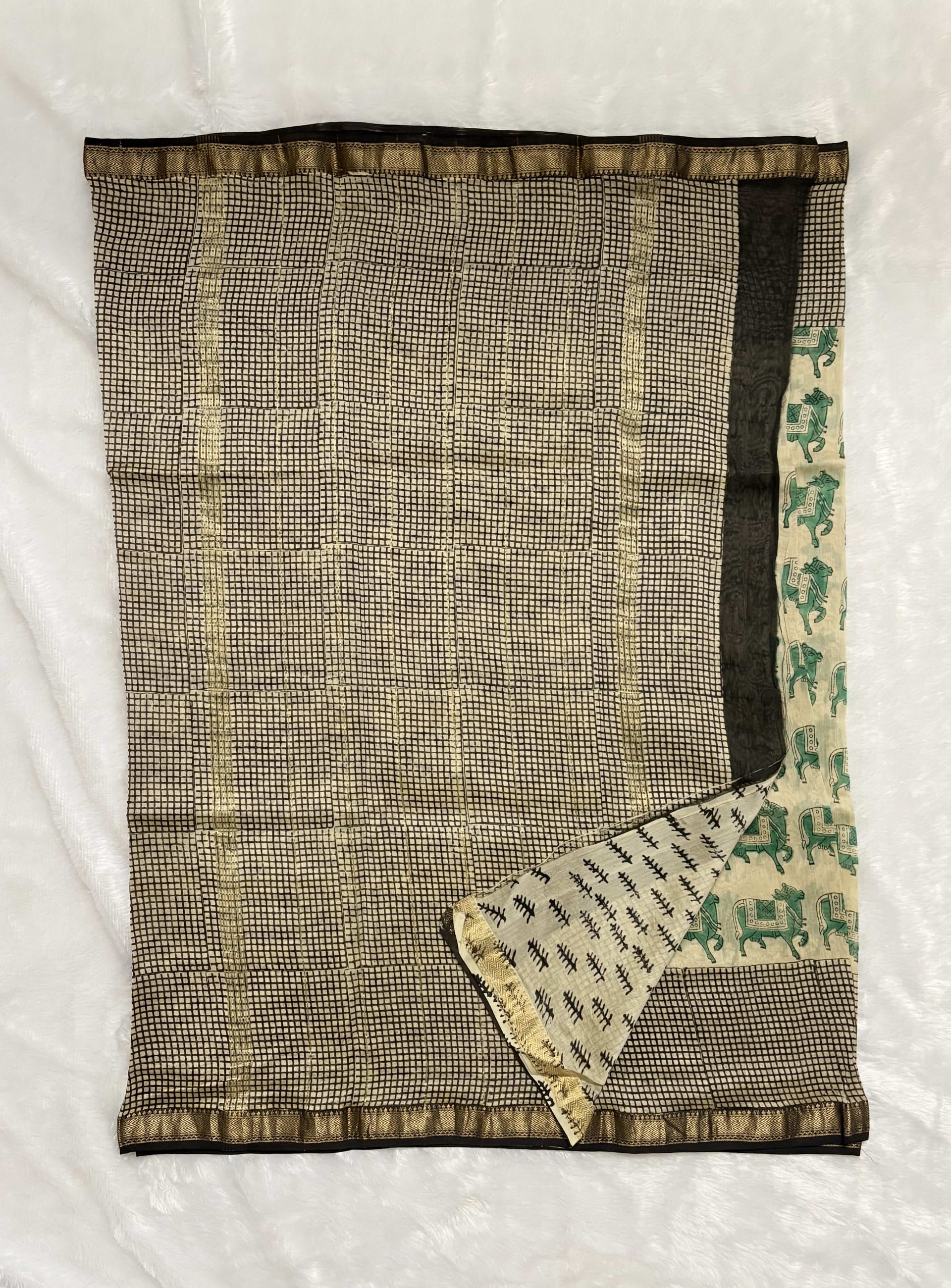 Pure Maheshwari cotton silk saree with block prints Pichwai — White/Cream Maheshwari Cotton Silk saree