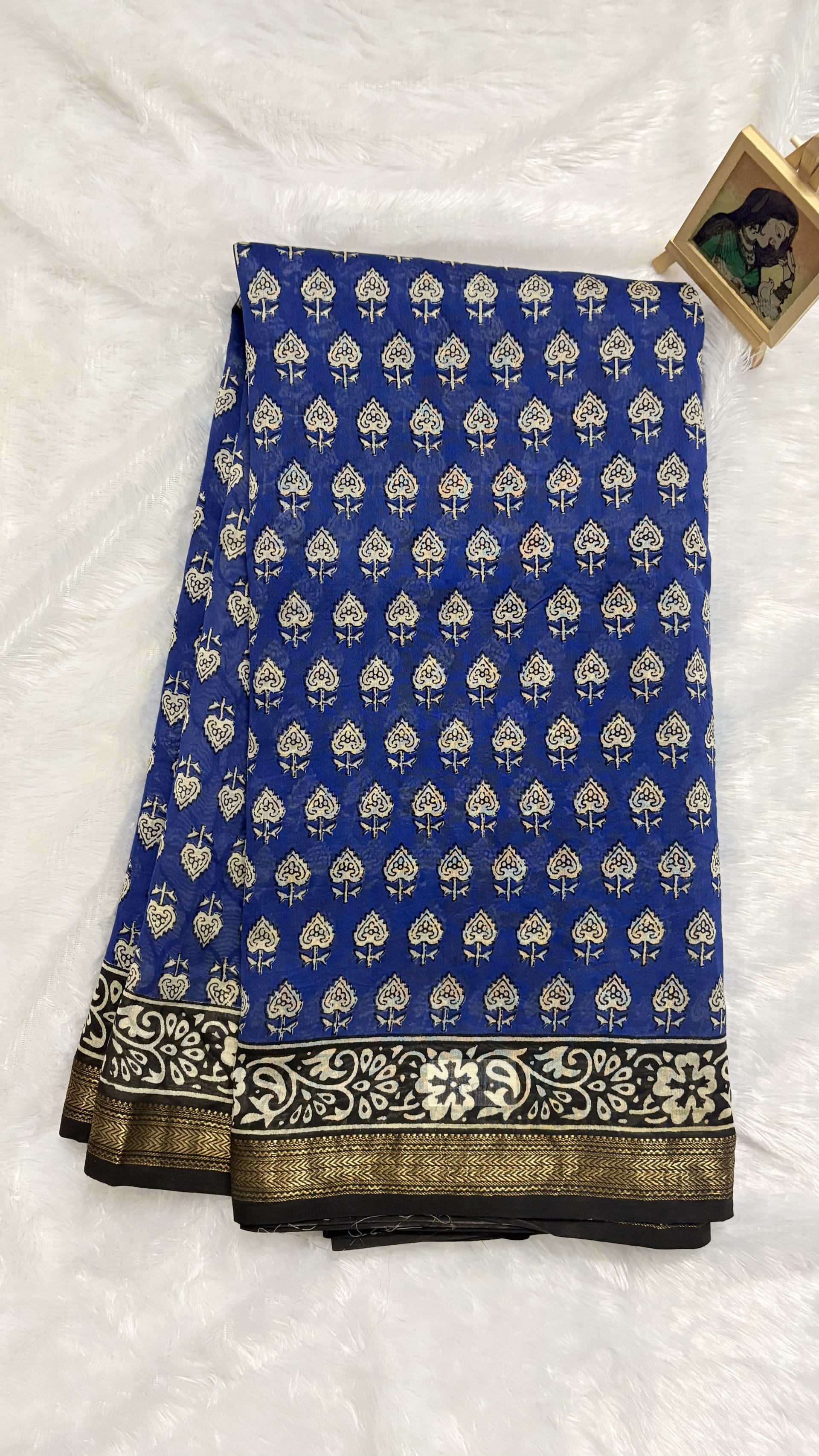 Pure Maheshwari cotton silk saree with block prints Blue motifs — Blue Maheshwari Cotton Silk saree