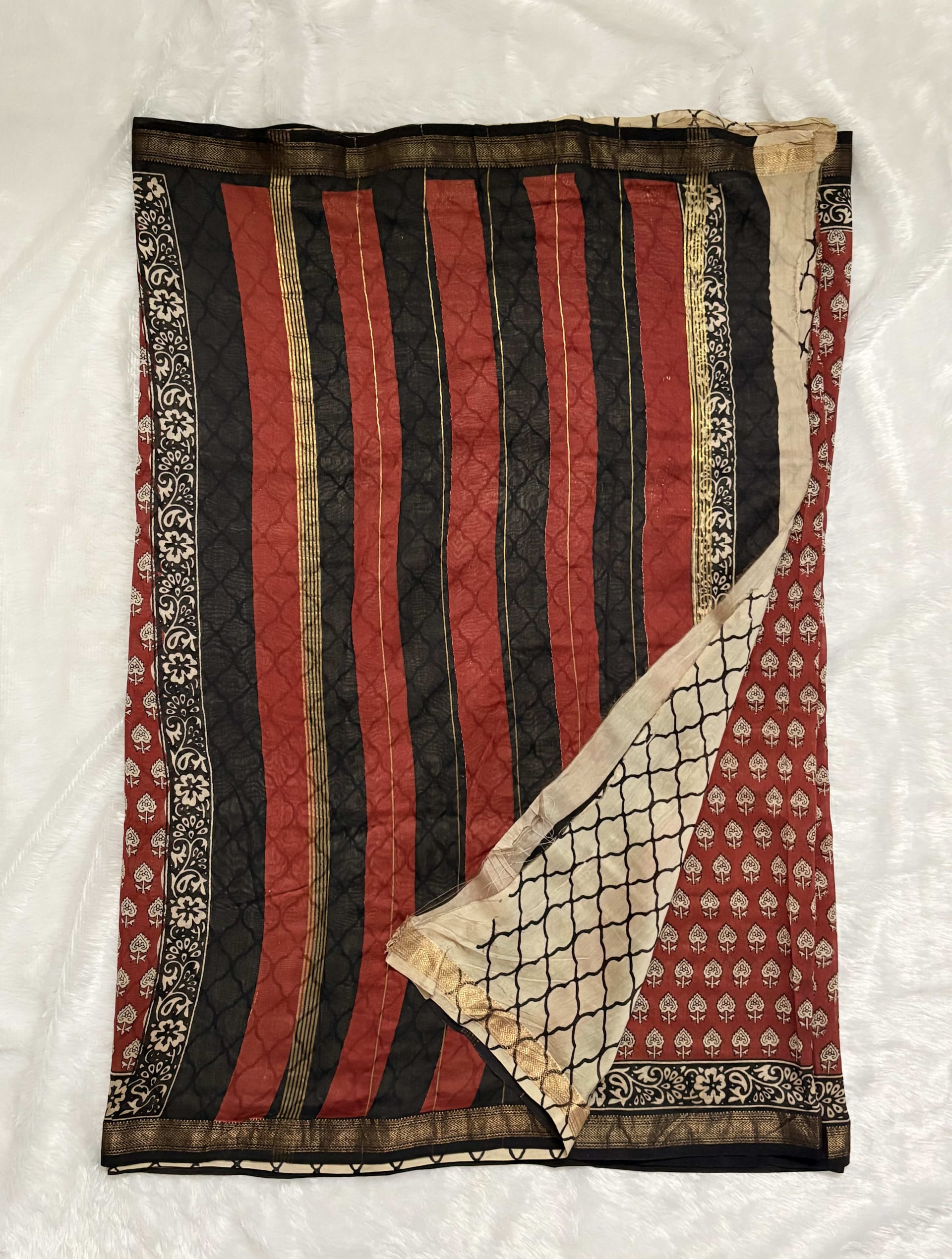 Pure Maheshwari cotton silk saree with block prints Maroon motifs — Red/Maroon Maheshwari Cotton Silk saree