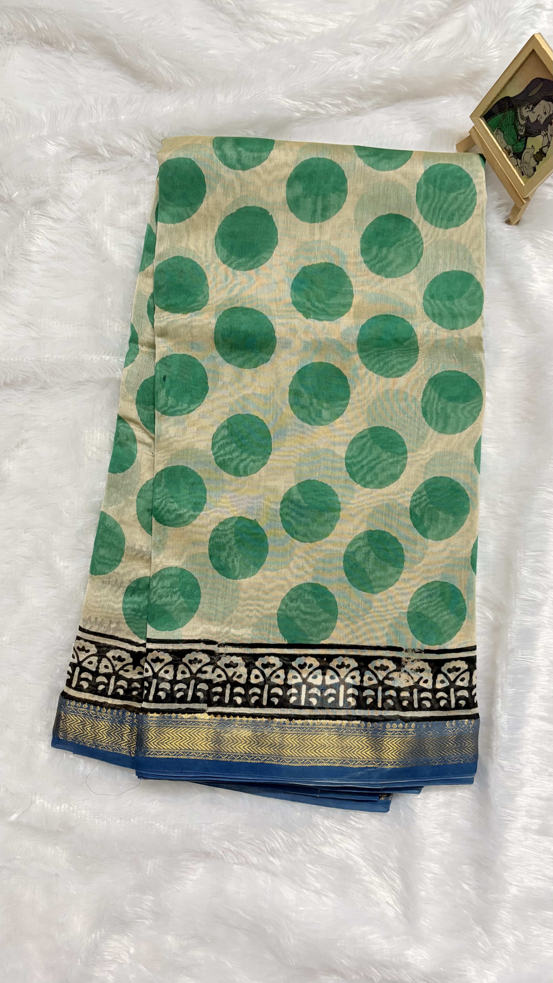 Pure Maheshwari cotton silk saree with block prints Green small circle — Green Maheshwari Cotton Silk saree