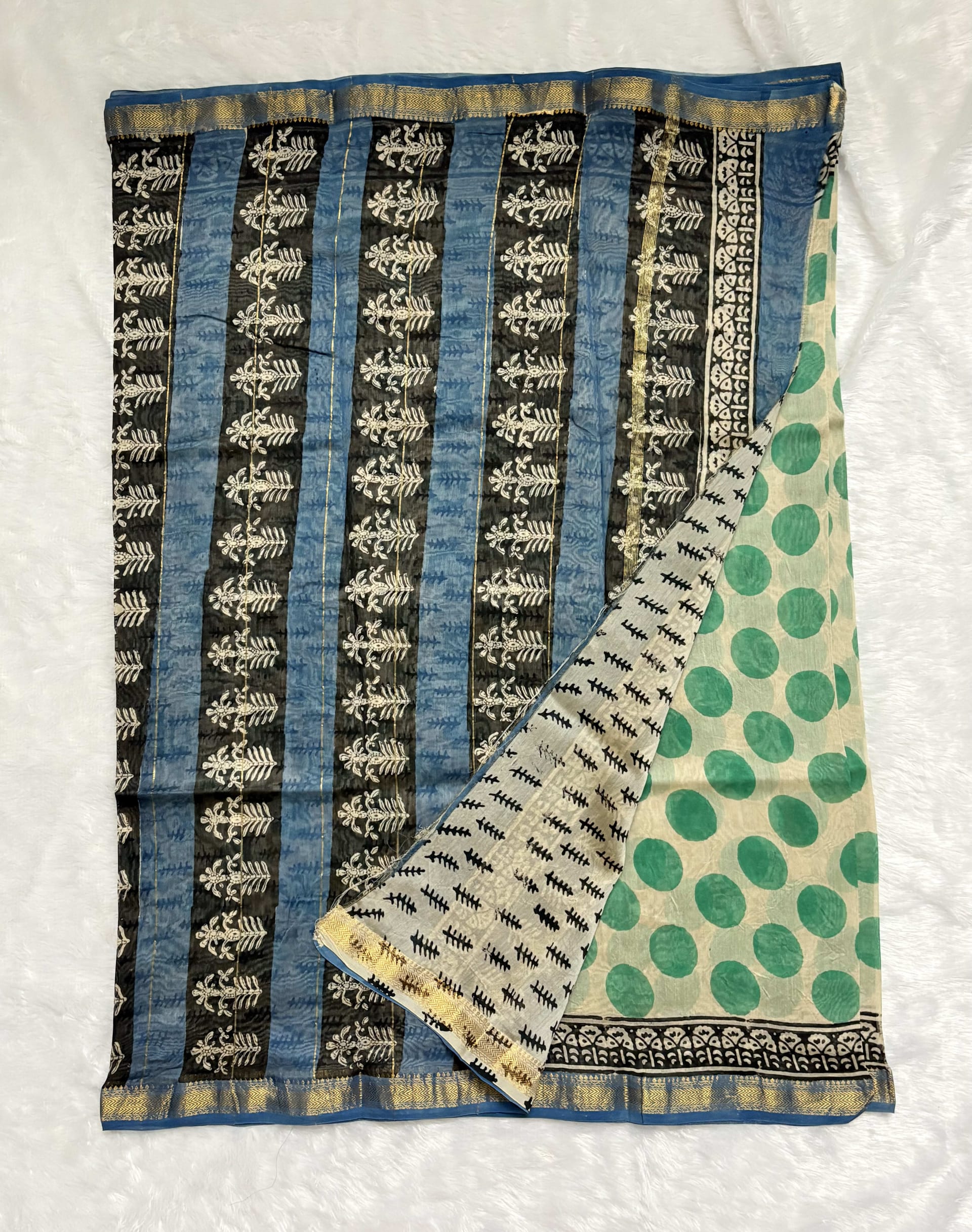 Pure Maheshwari cotton silk saree with block prints Green small circle — Green Maheshwari Cotton Silk saree