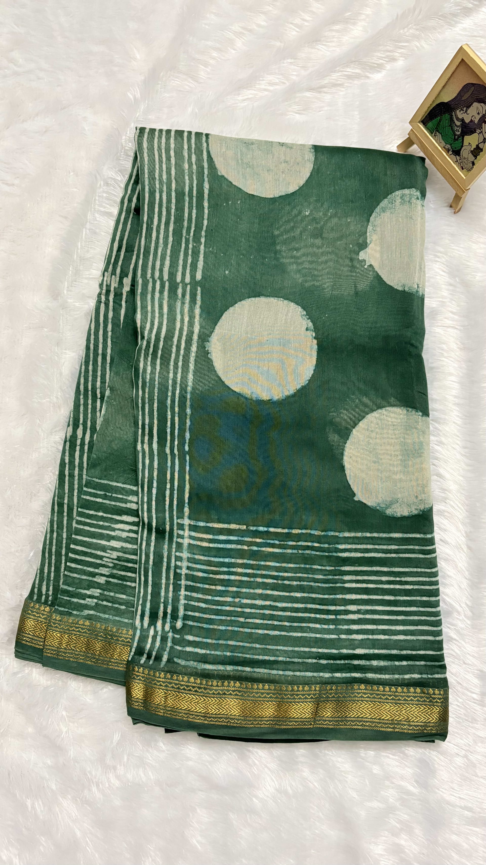 Pure Maheshwari cotton silk saree with block prints green big circle — Green Maheshwari Cotton Silk saree