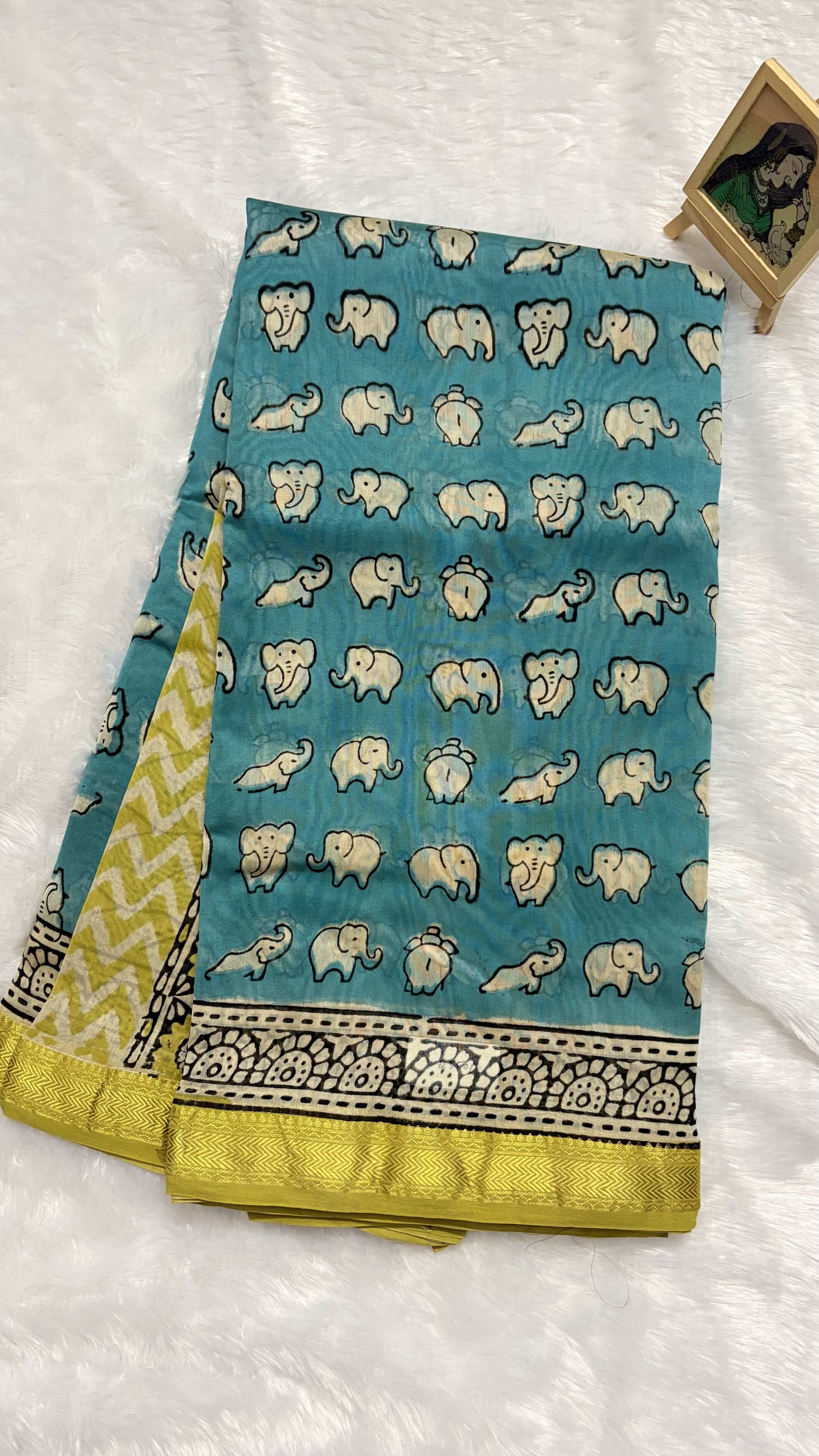 Pure Maheshwari cotton silk saree with block prints Elephant blue — Blue Maheshwari Cotton Silk saree